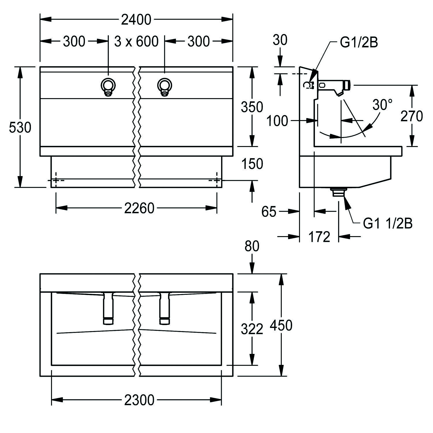 Technische Zeichnung einer Doppelwaschbeckeneinheit mit Maßangaben. Vorder- und Seitenansicht zeigen Abmessungen: Breite 2400 mm, Tiefe 530 mm, Höhe 530 mm.