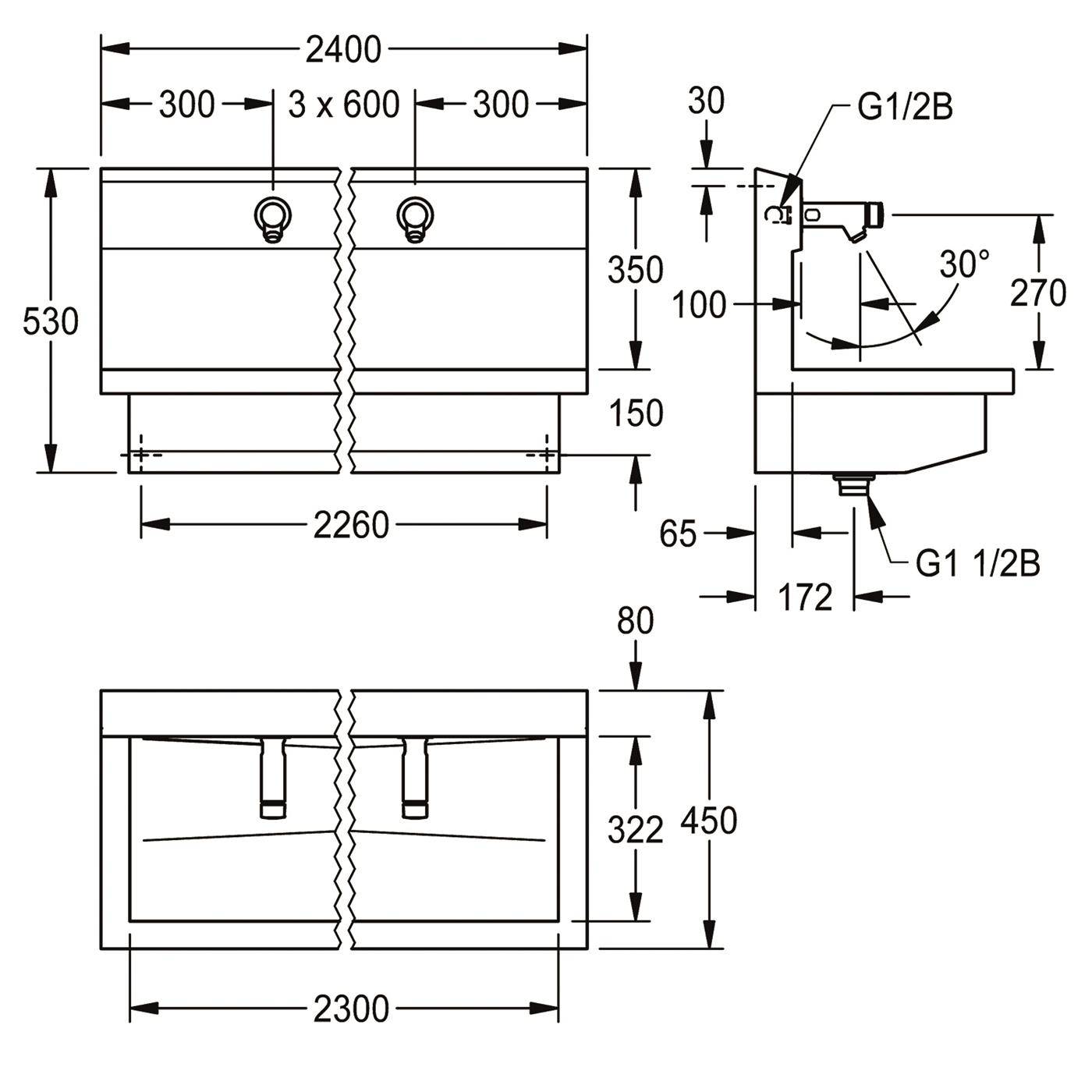 Unité de lavage KWC, PLANOX, inox, 2400x530x440 mm, 4x robinets muraux Hydr