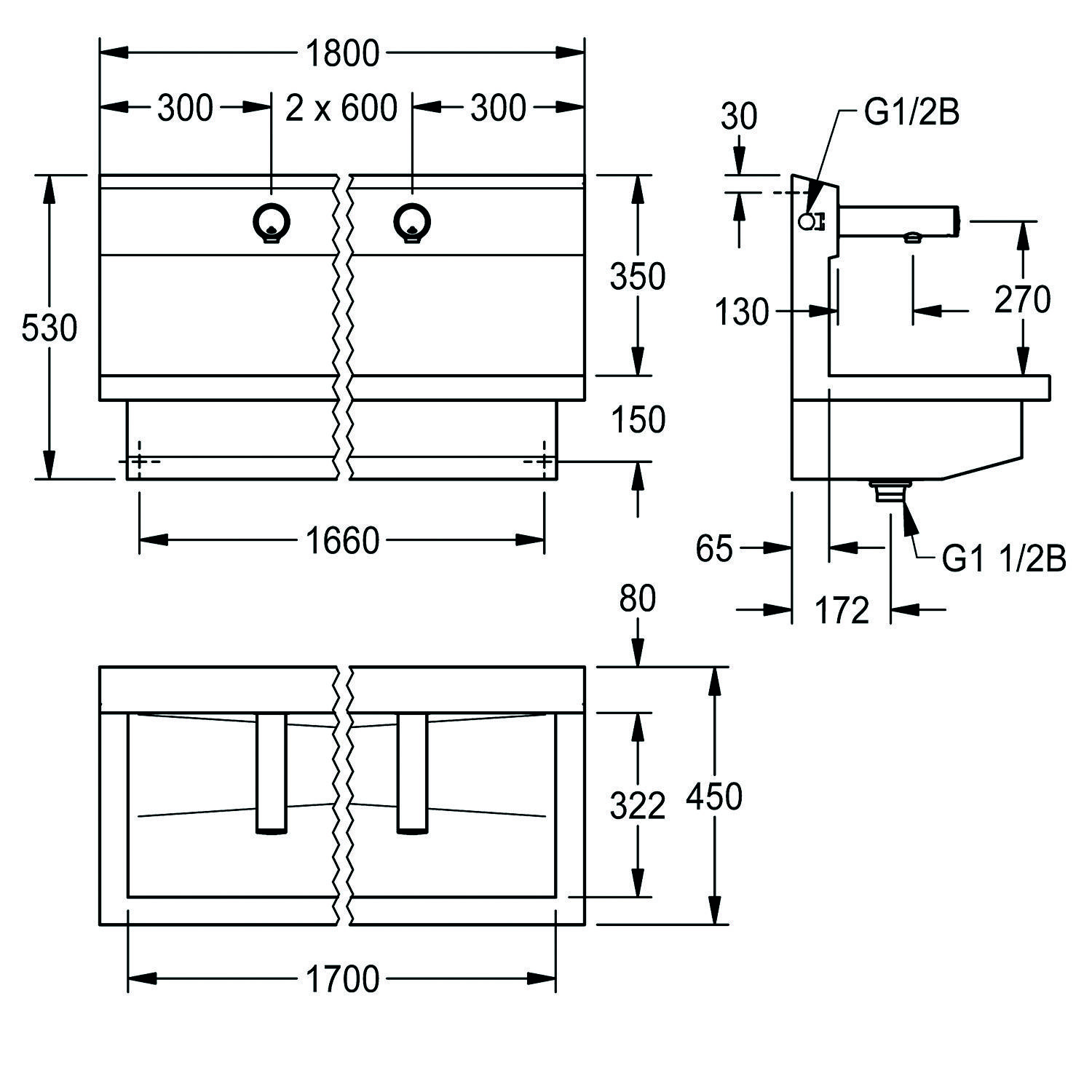 Technische Zeichnung eines Doppelwaschbeckens mit Abmessungen: Breite 1800 mm, Höhe 530 mm, Tiefe 450 mm; enthält Seiten- und Frontansicht.