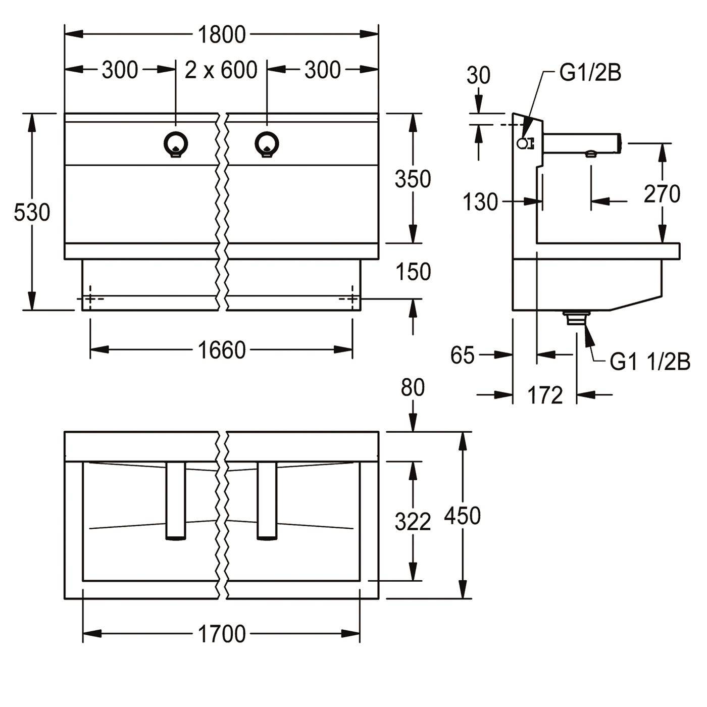 KWC Waschplatzeinheit, PLANOX, Edst, 1800x530x440 mm, 3xWandventil Elektron