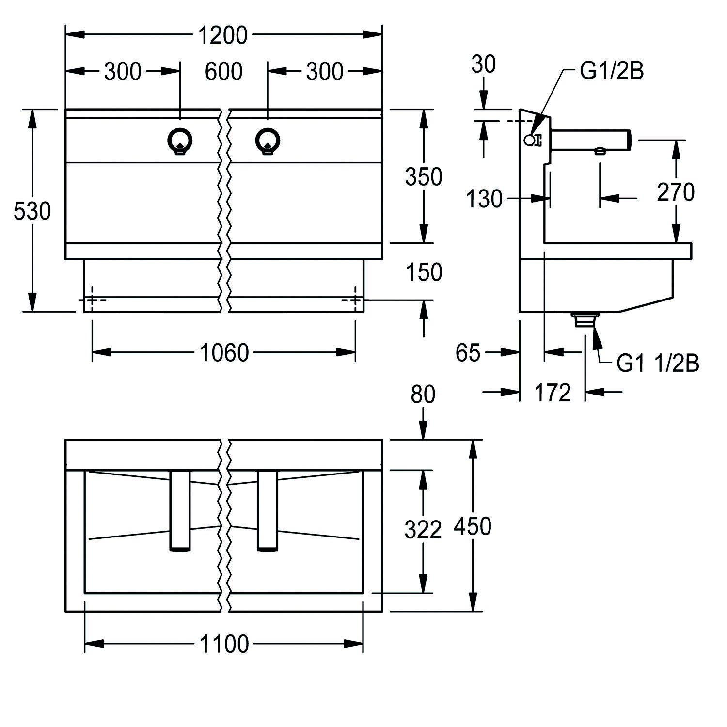 Technische Zeichnung einer Doppelspüle mit Maßangaben. Längen von 1200 mm, 300 mm Abschnitte, Gesamtbreite von 1060 mm und einer Höhe von 450 mm.