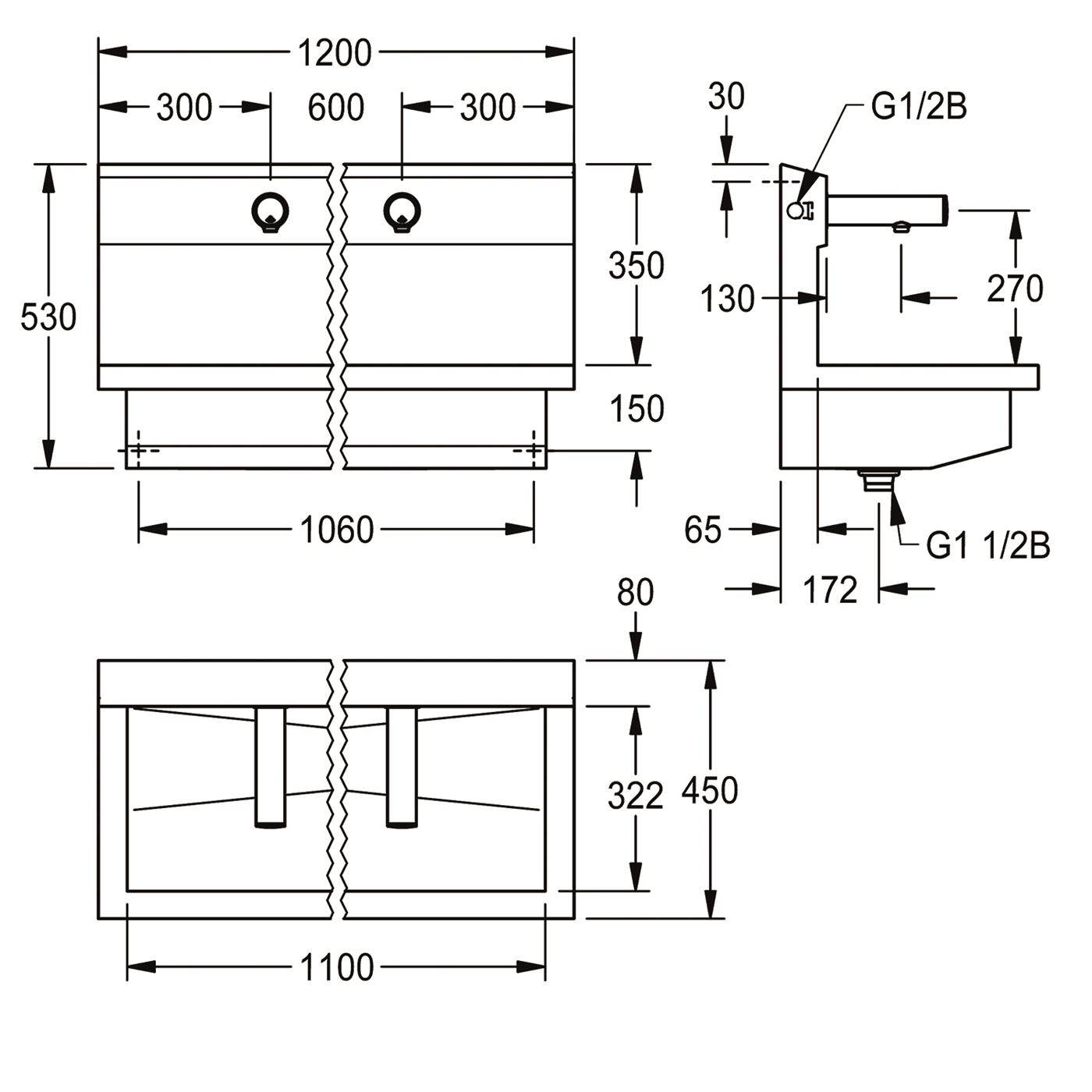 Technische Zeichnung eines Doppelkammerspüle oder -tanks mit Vorder-, Seiten- und Draufsicht, zeigt Abmessungen und G1/2B Wasseranschlüsse.