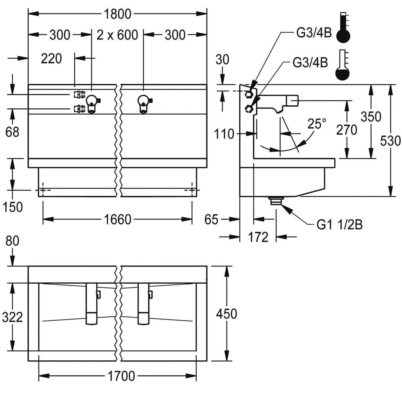 KWC Waschplatzeinheit, PLANOX, Edst, 1800x530x440 mm, 3xMBatt. Elektronisch