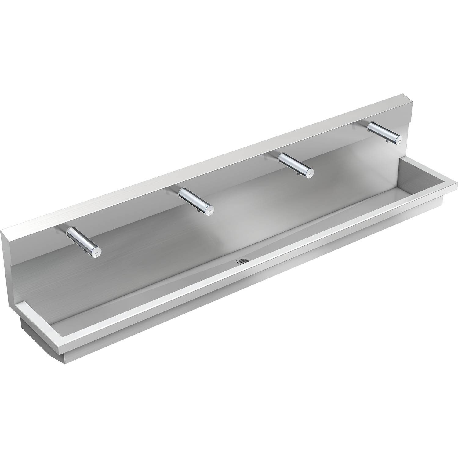 Eine lange, rechteckige Metallhandtuchstange mit vier gleichmäßig angeordneten Haken, die vor einem schlichten schwarzen Hintergrund montiert ist.
