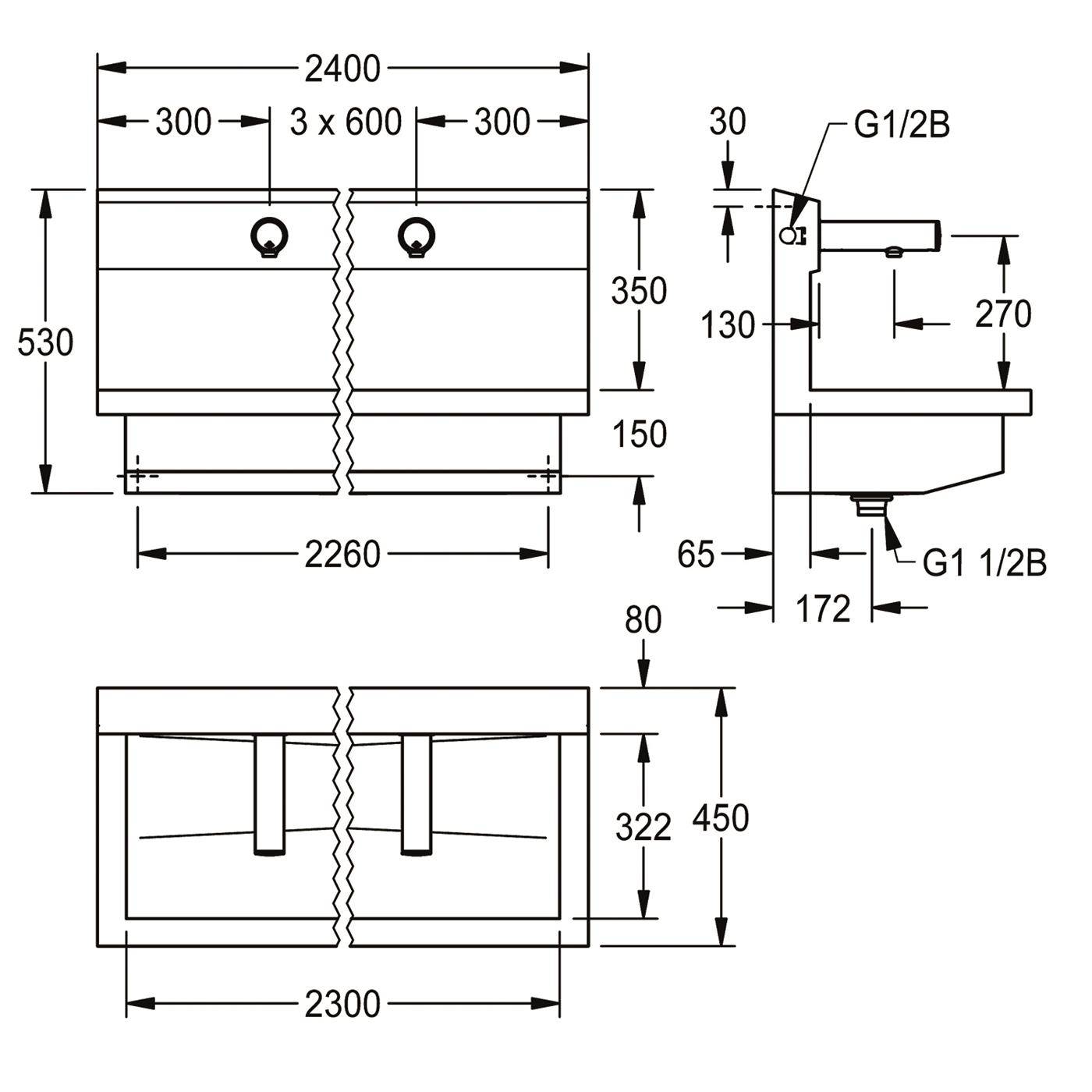 KWC Waschplatzeinheit, PLANOX, Edst, 2400x530x440 mm, 4xWandventil Elektron