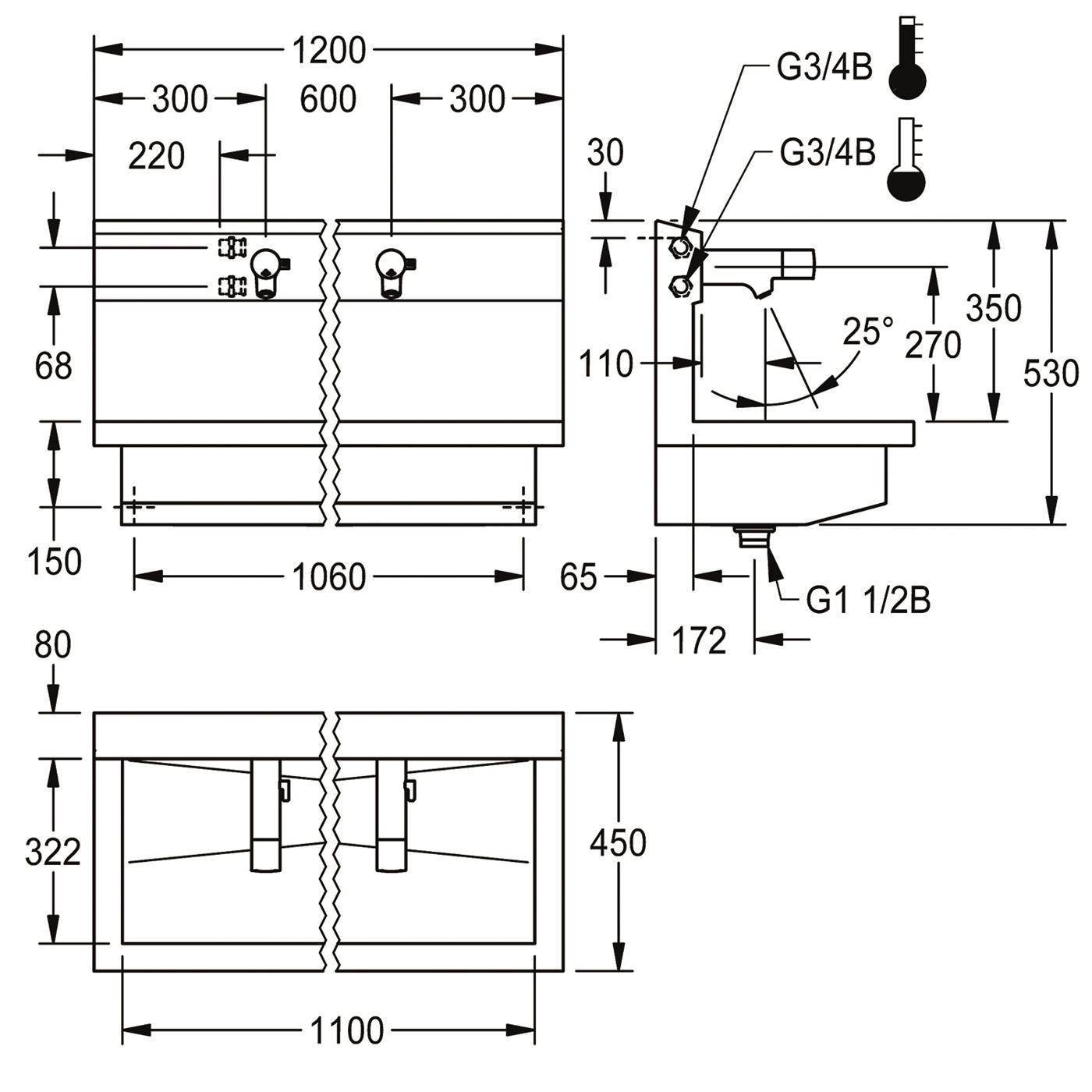 KWC Waschplatzeinheit, PLANOX, Edst, 1200x530x440 mm, 2xMBatt. Elektronisch
