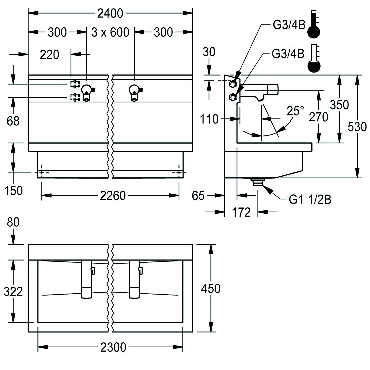 Eine technische Zeichnung einer Doppelwaschbeckeninstallation mit Abmessungen, Armaturen-Positionen und Anschlusspunkten in Millimetern.