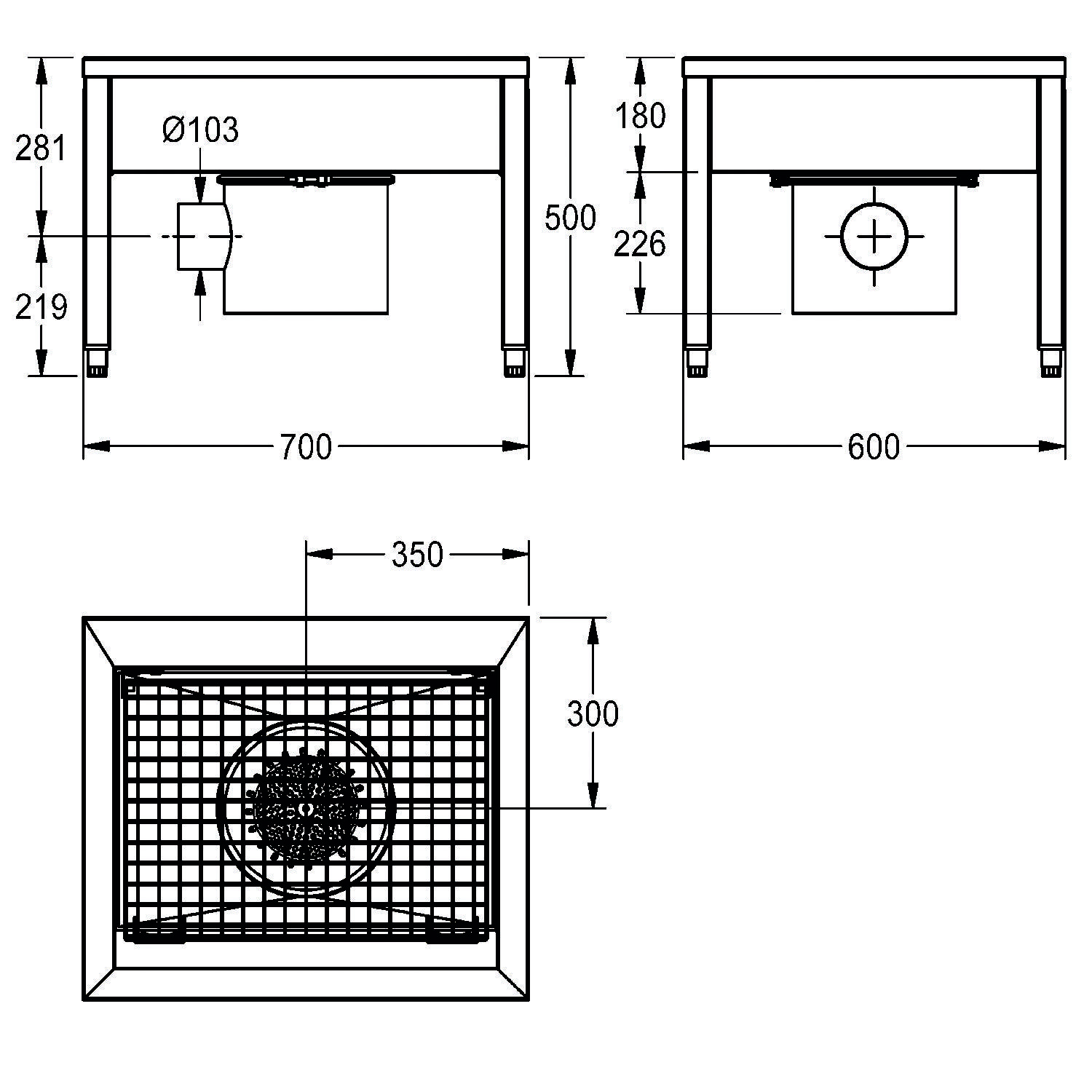 Technische Zeichnung eines Metalltisches mit Abmessungen: 700x500 mm Tischplatte, 350 mm Höhe. Vorder- und Seitenansicht mit kreisförmiger Öffnung.