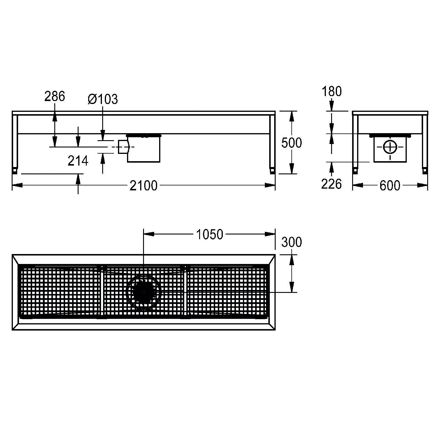 Technische Zeichnung eines rechteckigen Tisches, Abmessungen beschriftet. Hauptabmessungen: 2100 mm Länge, 500 mm Höhe, 600 mm Breite.