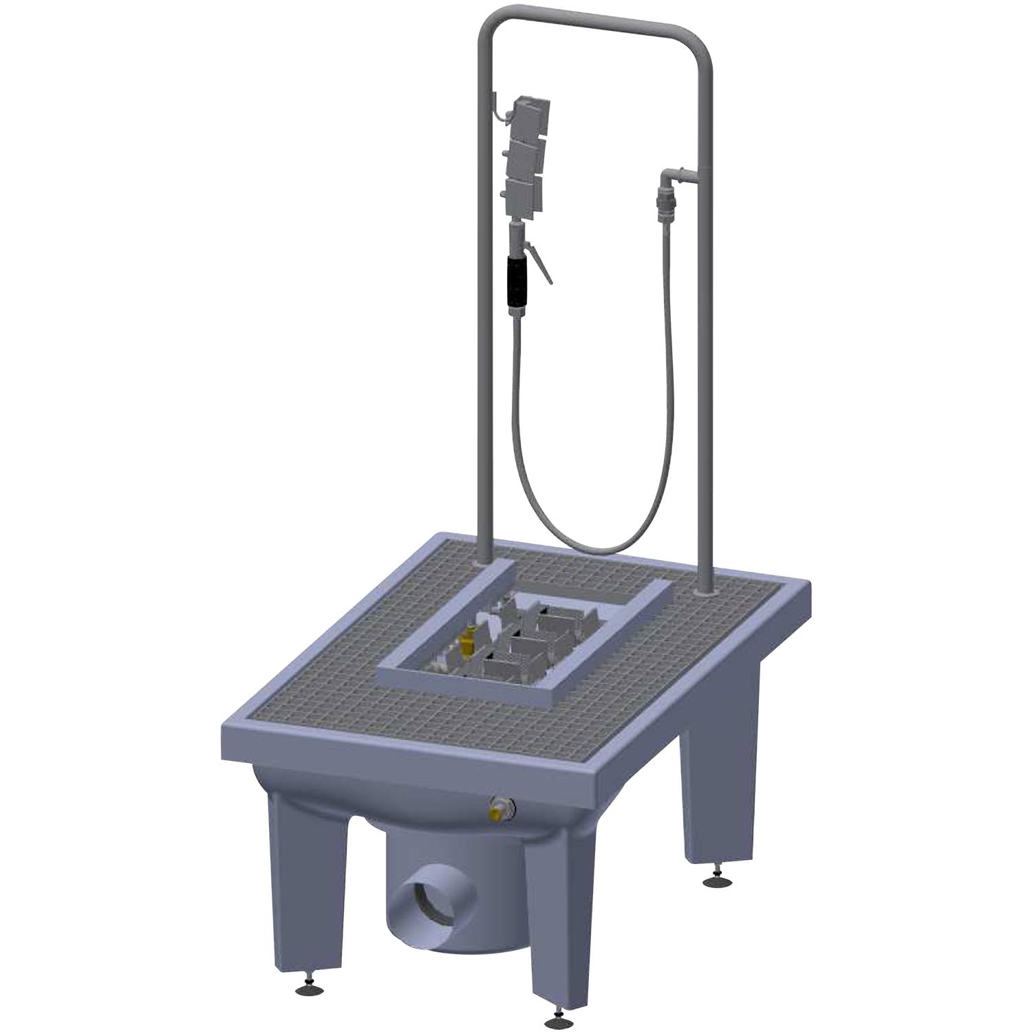 Ein Metalltisch mit einem verstellbaren Gasbrenner und einem flexiblen Schlauch für Laborgebrauch, vor einem einfarbigen schwarzen Hintergrund.