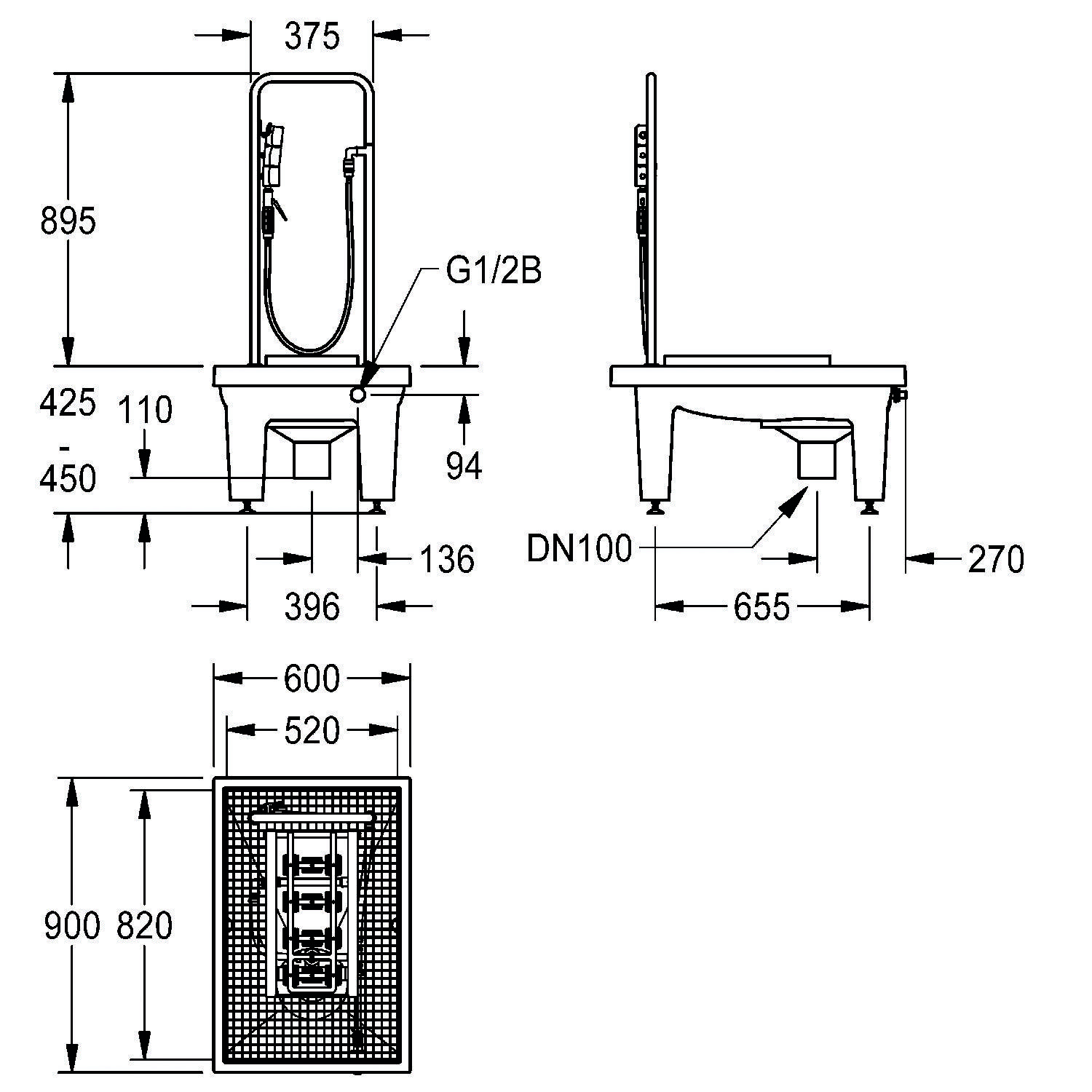 Technische Zeichnung eines Bidet-Toilettensystems mit Abmessungen: Höhe 895 mm, Breite 375 mm und Tiefe 655 mm. Enthält Sanitärinstallationsdetails.