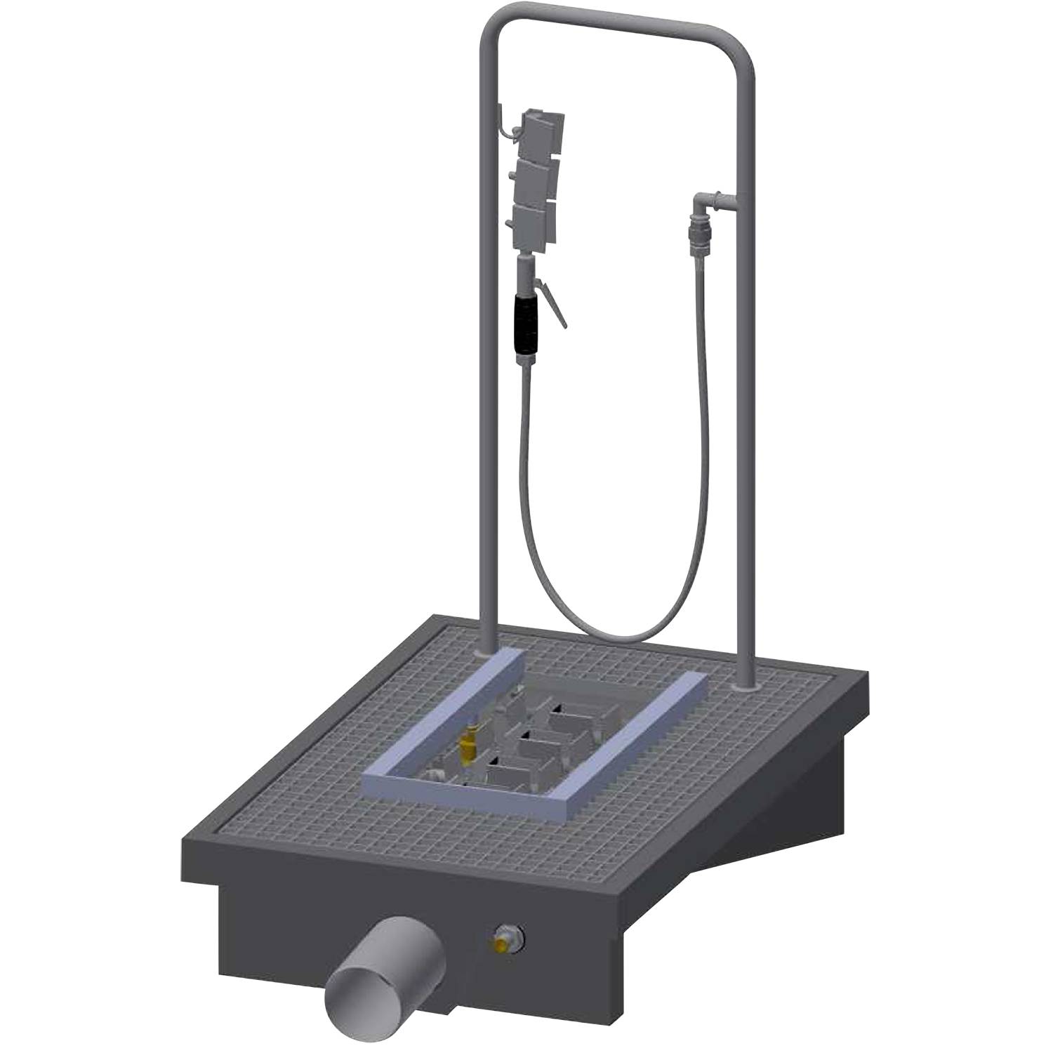 3D-Modell einer Plattform mit einem vertikalen Rahmen, an dem Geräte und ein Schlauch befestigt sind, höchstwahrscheinlich Teil eines Sanitär- oder Reinigungssystems.
