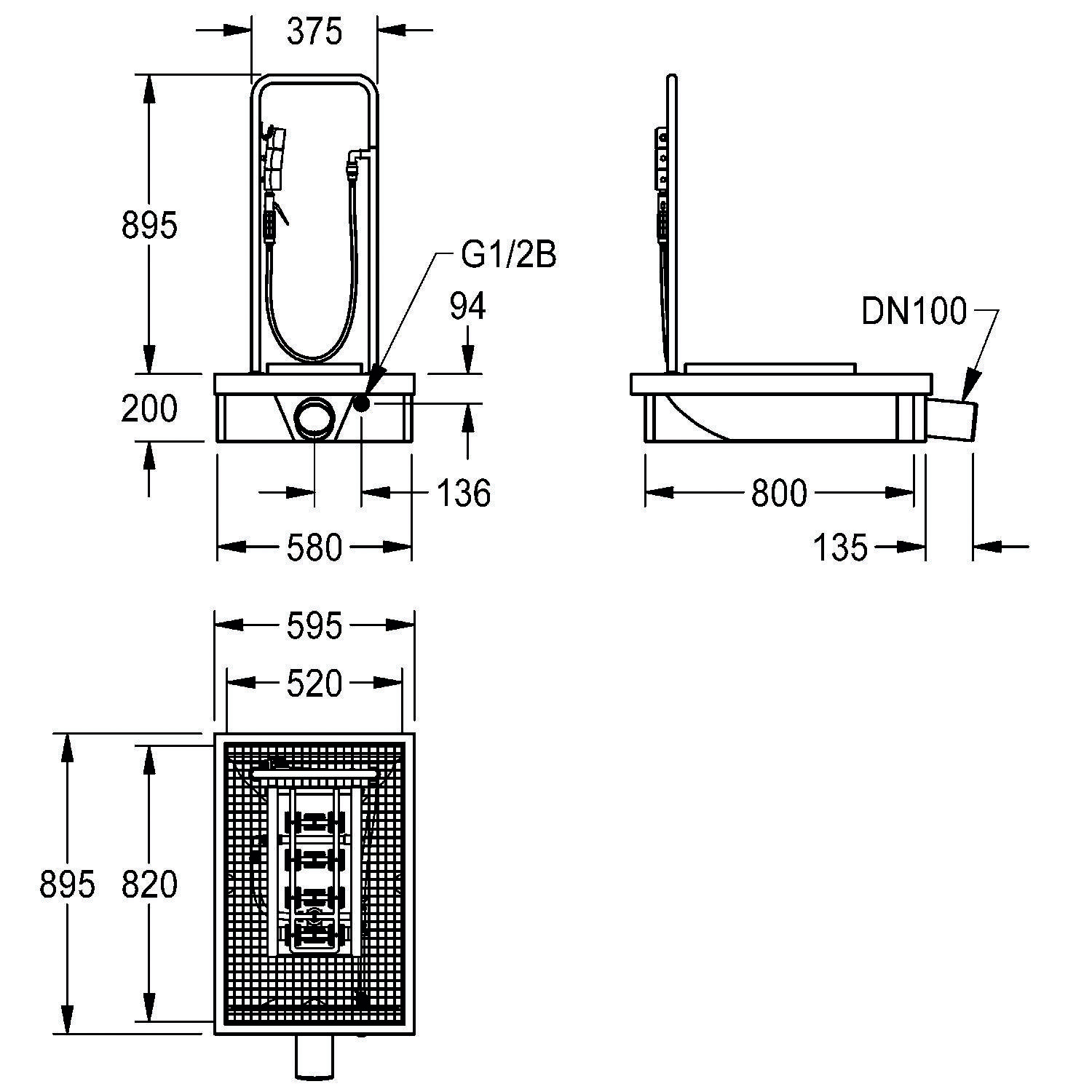 Technische Zeichnung eines Duschsystems mit beschrifteten Abmessungen: 895 mm Höhe, 375 mm Breite, 800 mm Ablaufleitung, mit Armaturen und Anschlüssen.