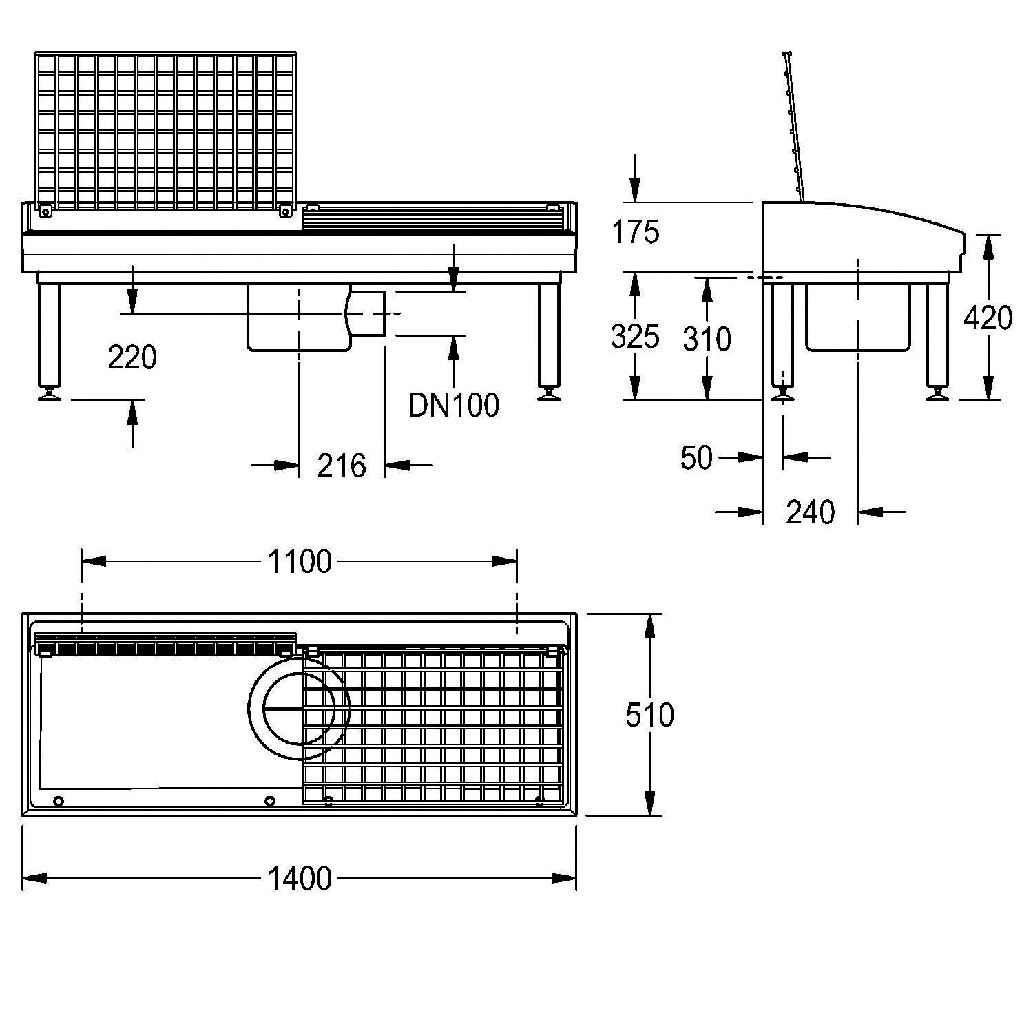 Technische Zeichnung eines Entwässerungssystems mit Gitterabdeckung, die folgende Maße zeigt: Länge 1400 mm, Breite 510 mm, Höhe 420 mm und Rohr DN100.
