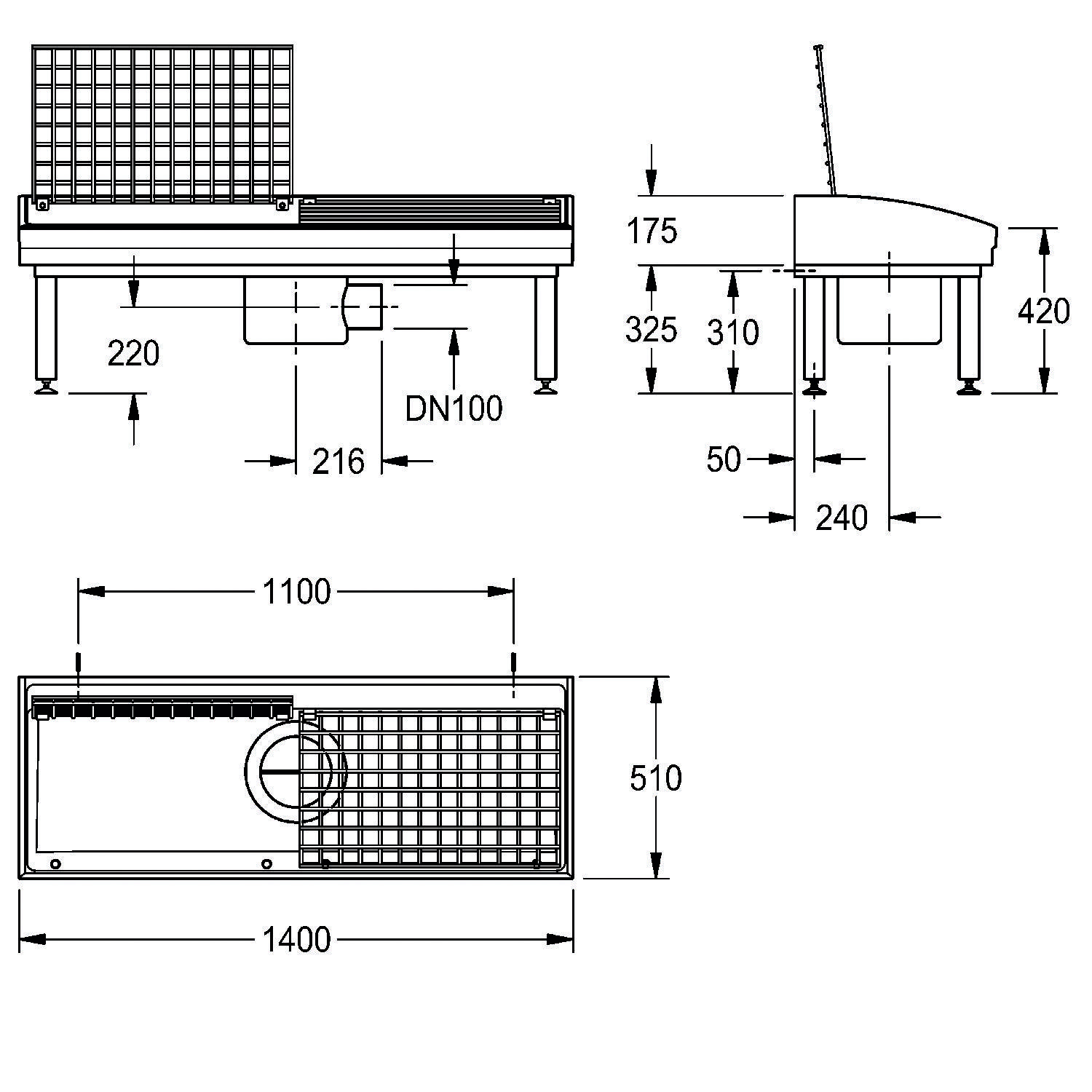 Technische Zeichnung zur Darstellung der Abmessungen eines Belüftungssystems: 1400 mm Länge, 1100 mm Breite, 510 mm Höhe, mit Beschriftung der Größen spezifischer Komponenten.