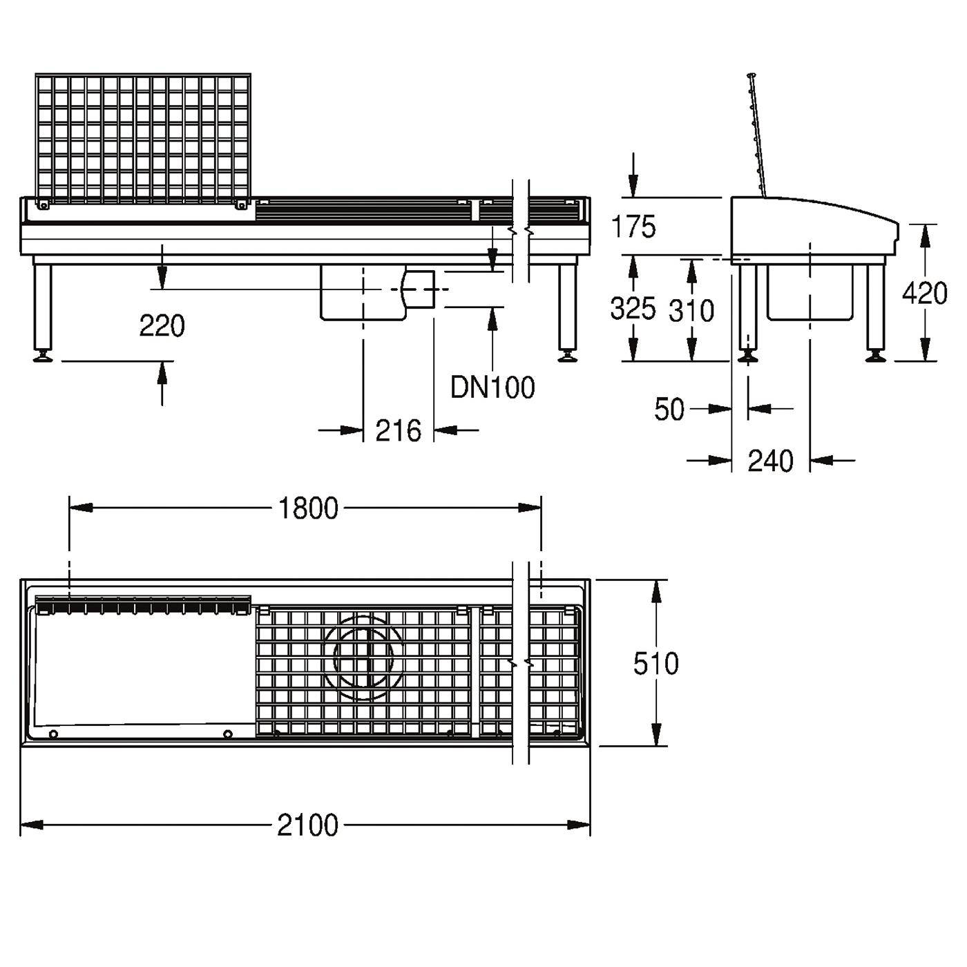 Installation de nettoyage de bottes KWC, SIRIUS, MIRANIT, 2100x500x510 mm, siphon, 3 pl.