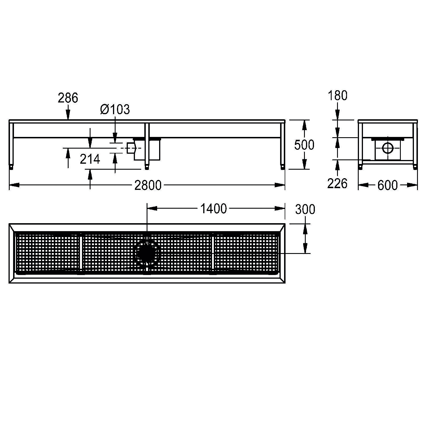 Eine technische Zeichnung mit Abmessungen einer Lüftungseinheit: Länge 2800 mm, Breite 500 mm, Höhe 300 mm. Kreisförmiger Einlass mit 103 mm Durchmesser.