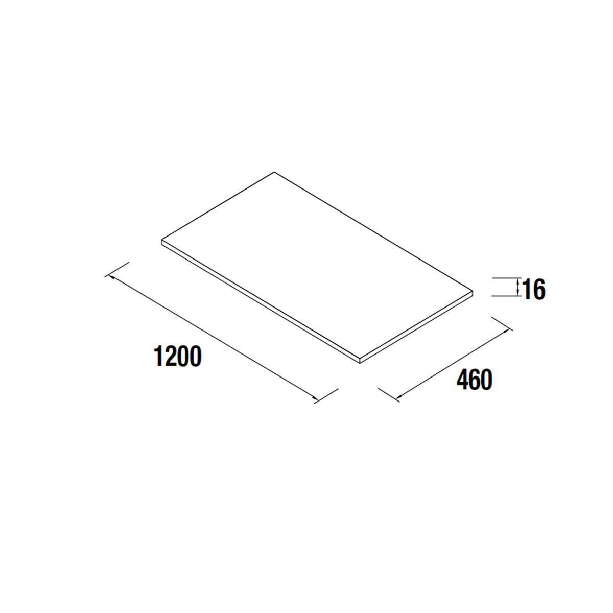 Isometrisches Diagramm eines rechteckigen Panels mit den Abmessungen 1200 x 460 und einer Dicke von 16.