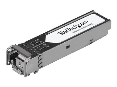 Ein rechteckiger StarTech.com Netzwerk-Transceiver-Modul, hauptsächlich in Grau und Schwarz, konzipiert für Hochgeschwindigkeits-Datenkommunikationsverbindungen.