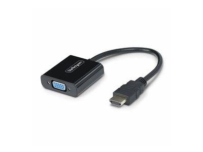 Ein schwarzes VGA-zu-HDMI-Adapterkabel mit einem VGA-Anschluss an einem Ende und einem HDMI-Anschluss am anderen Ende, das zum Verbinden von Geräten mit unterschiedlichen Videoanschlüssen verwendet wird.