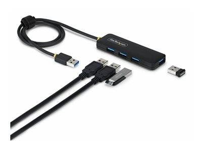 Ein USB-Hub mit drei Anschlüssen, der mehrere USB-Kabel und einen USB-Stick verbindet und so den Datentransfer und die Geräteverbindung erleichtert.