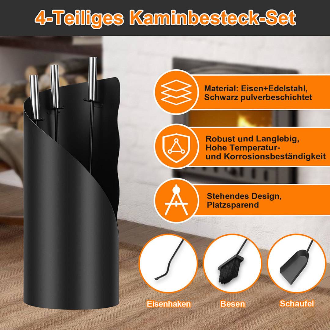 4-tlg.Kaminbesteck Ofenbesteck robust Kamingarnitur eisen Schürhaken Schwarz