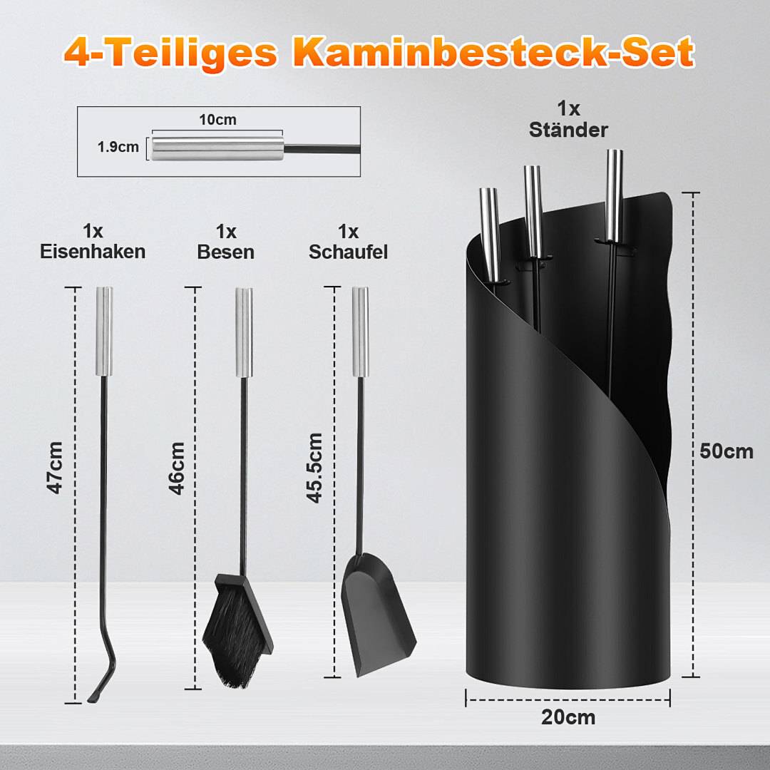 4 teilig Kaminzubehör Kaminbesteck mit Beschichtet Kaminreinigungsset Edelstahl für Kamin Kamingarnitur