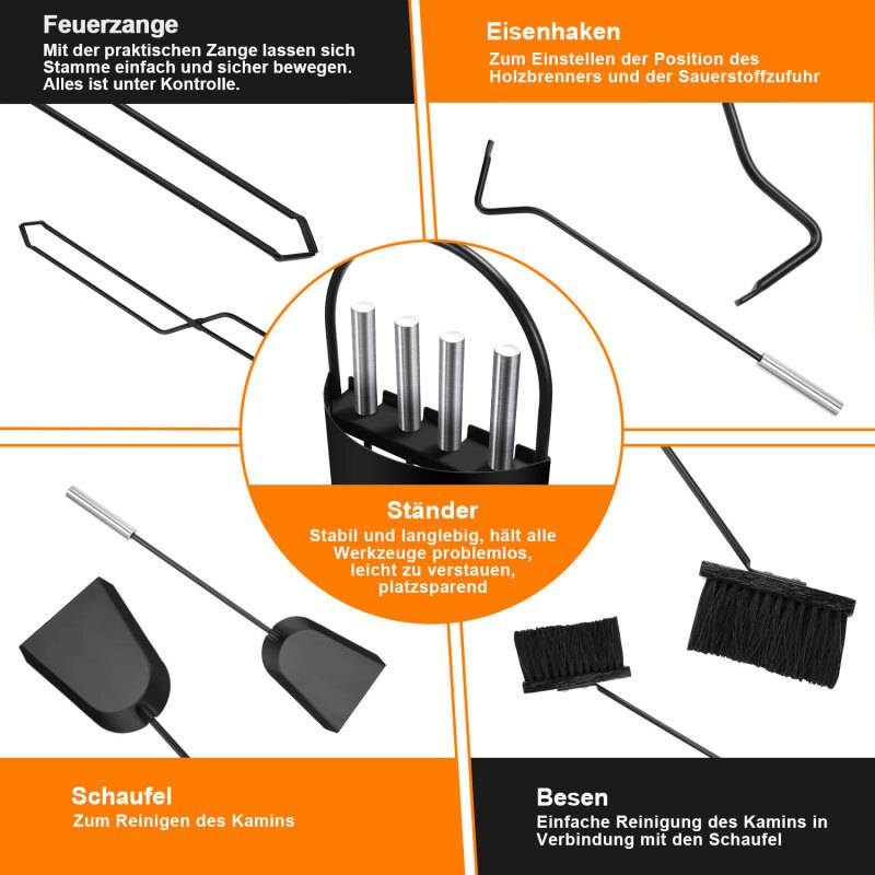 5-tlg.Kaminbesteck Ofenbesteck robust Kamingarnitur eisen Schürhaken Schwarz