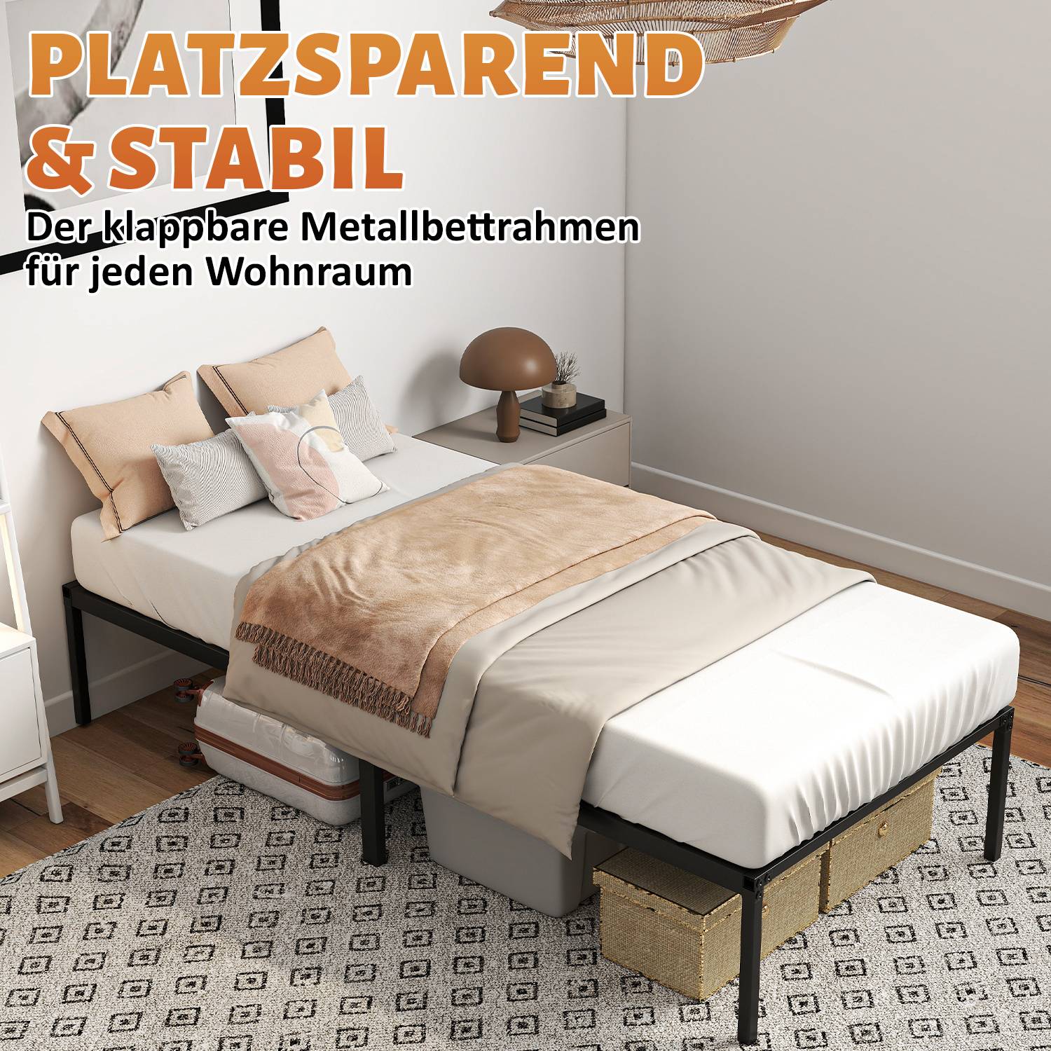 Bettrahmen für Matratze 200 x 90 cm, klappbar Bettgestell, Metallbett Schwarz 2pcs
