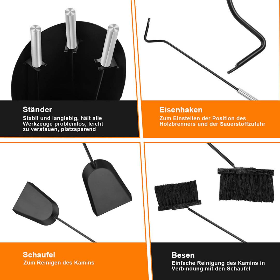 4 teilig Kaminzubehör Kaminbesteck mit Beschichtet Kaminreinigungsset Edelstahl für Kamin Kamingarnitur