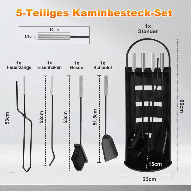 5-tlg.Kaminbesteck Ofenbesteck robust Kamingarnitur eisen Schürhaken Schwarz