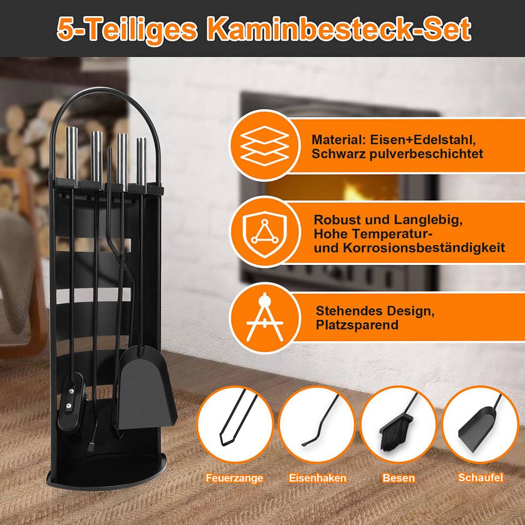 5 teilig Kaminzubehör Kaminbesteck mit Beschichtet Kaminreinigungsset Edelstahl für Kamin Kamingarnitur