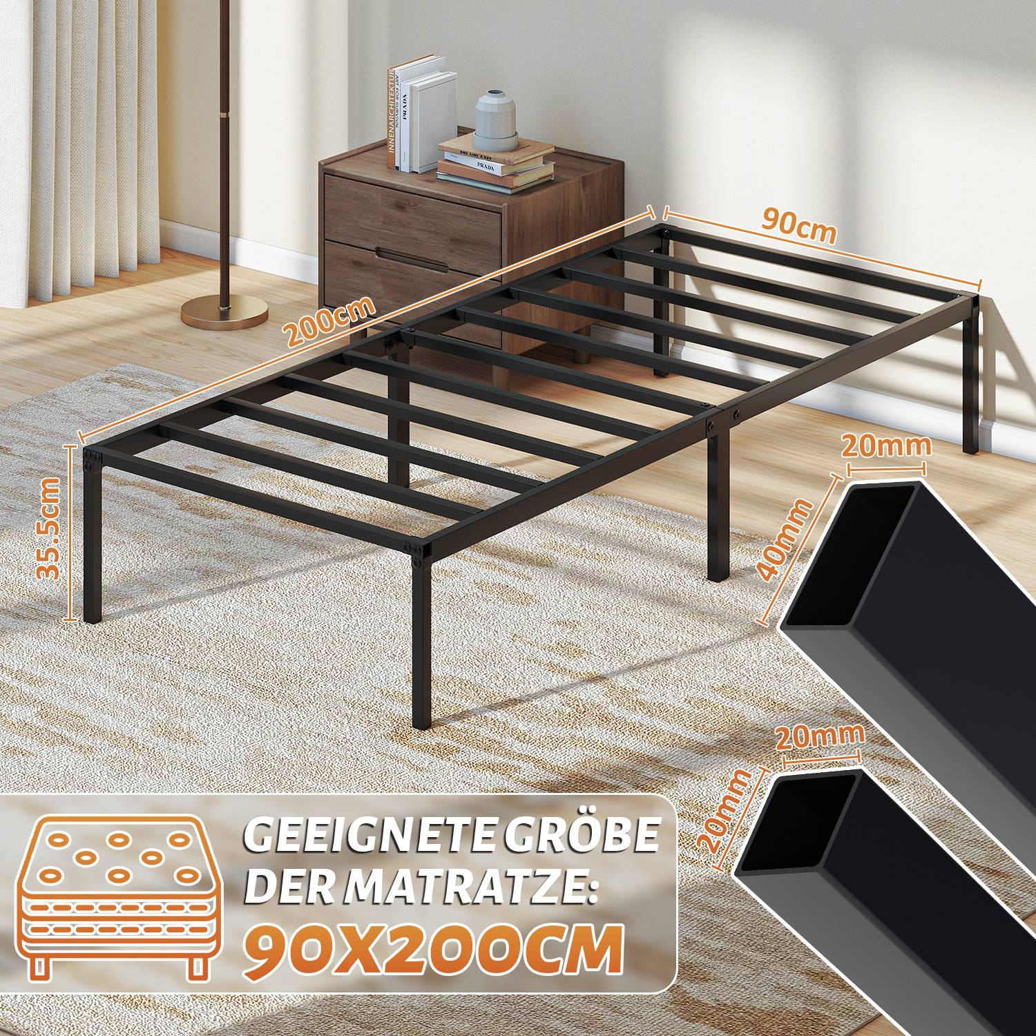 Bettrahmen für Matratze 200 x 90 cm, klappbar Bettgestell, Metallbett Schwarz 1pcs