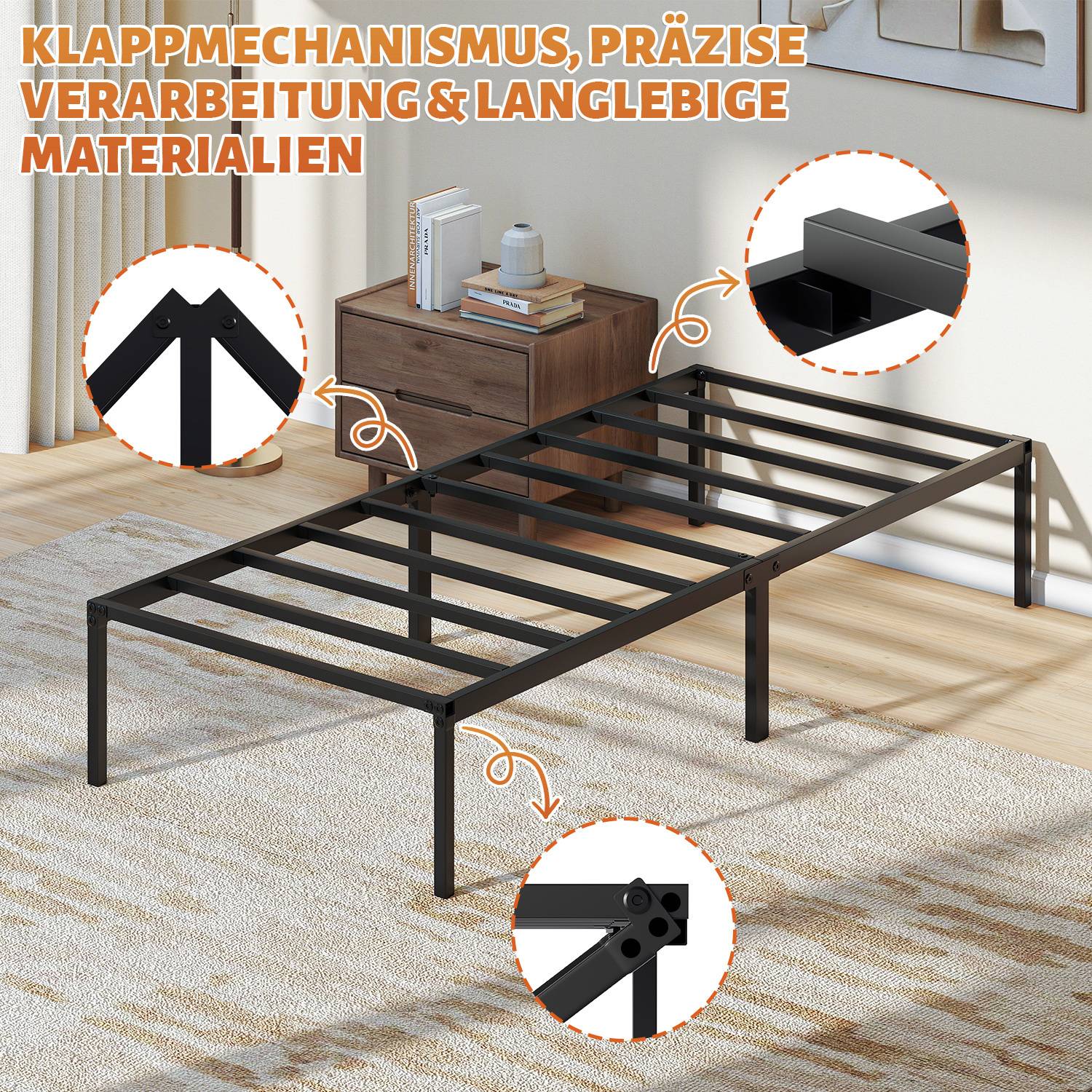 Bettrahmen für Matratze 200 x 90 cm, klappbar Bettgestell, Metallbett Schwarz 1pcs
