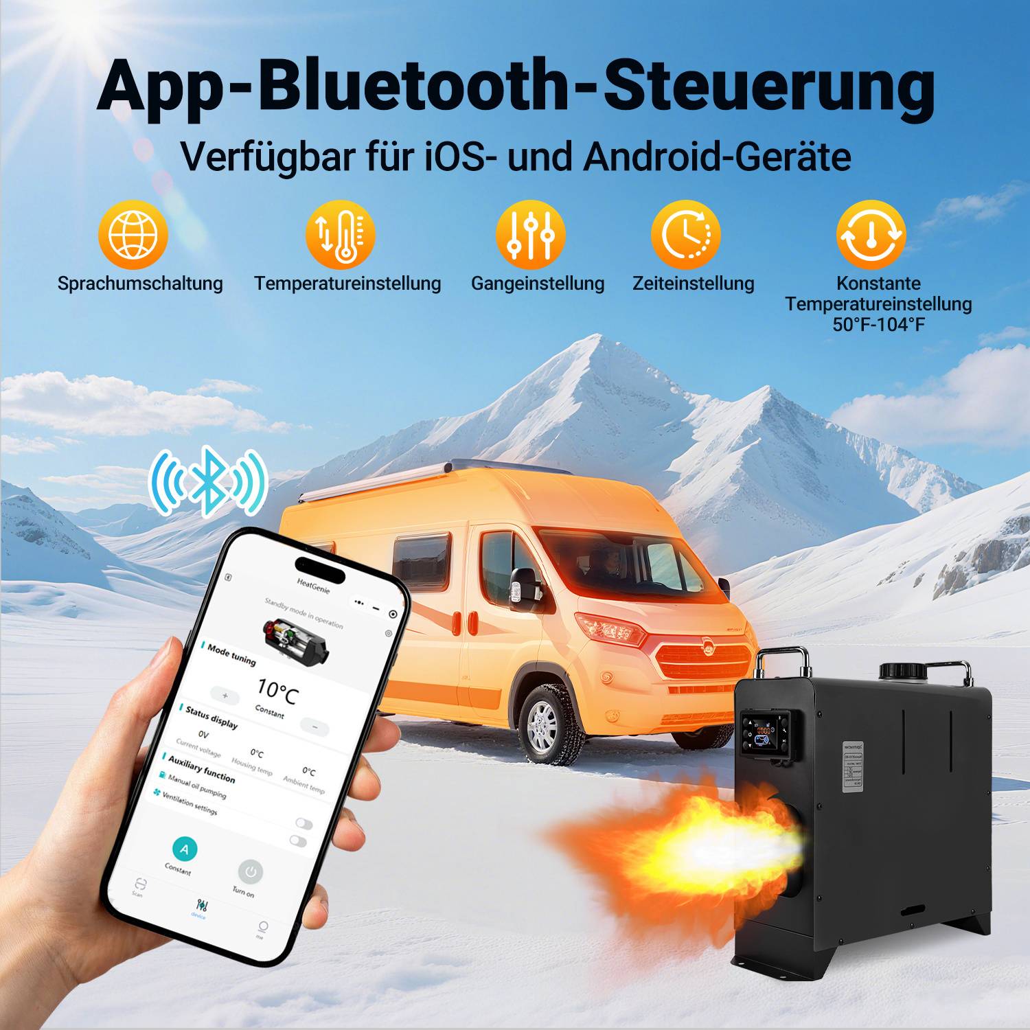 12/24V DC 8KW bluetooth Diesel Heizung Standheizung Tragbarer Luftheizung Compact 0,32 l/h Tragbare Dieselheizung, Schwarz