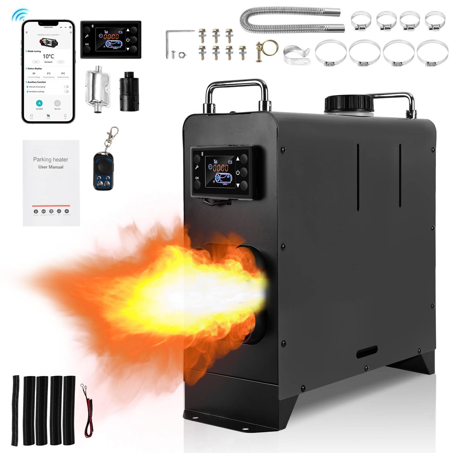 12/24V DC 8KW bluetooth Diesel Heizung Standheizung Tragbarer Luftheizung Compact 0,32 l/h Tragbare Dieselheizung, Schwarz