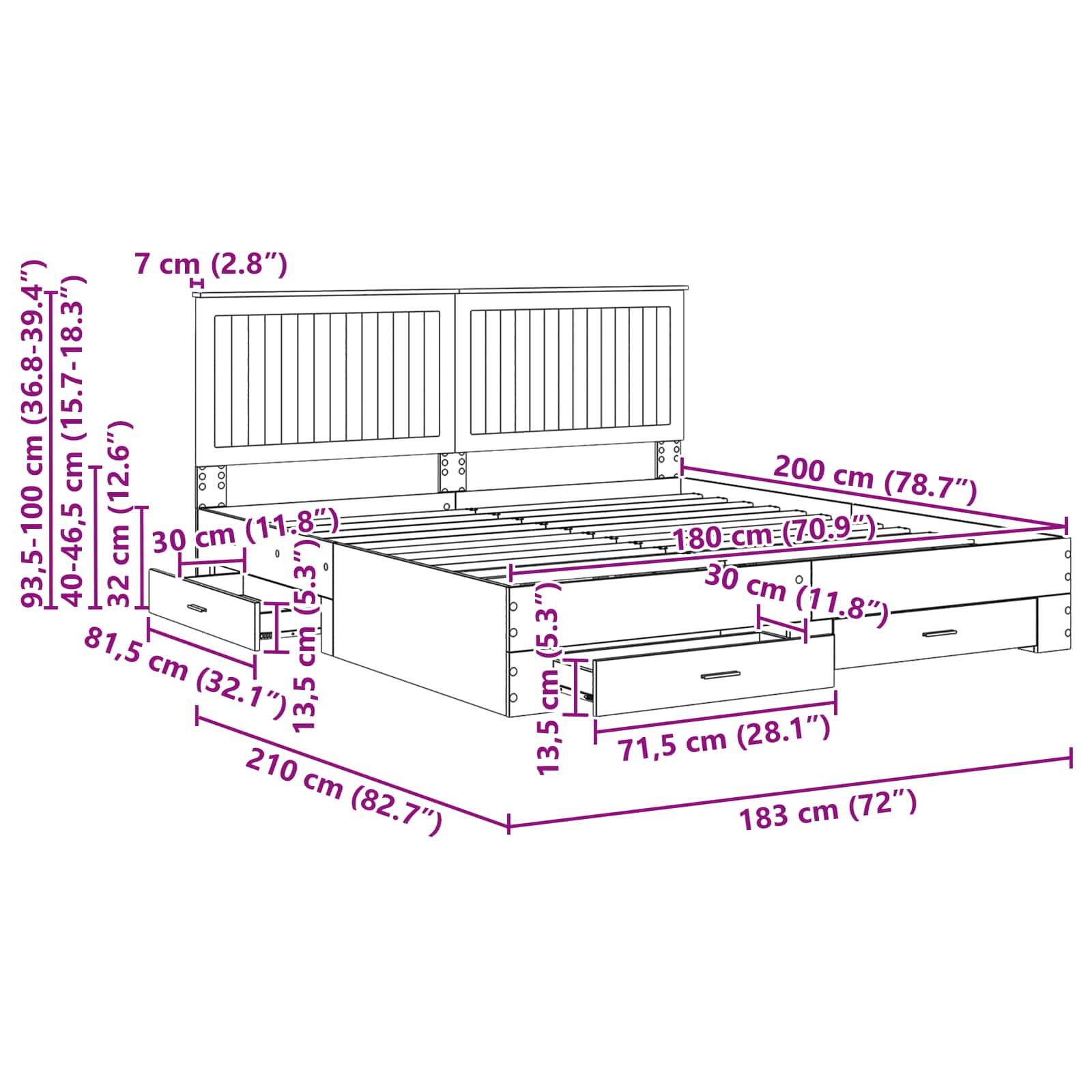 Diagramm eines Bettes mit Maßen: 210 cm lang, 183 cm breit. Kopfteilhöhe 93-100 cm. Inklusive Schubladen 71,5 cm breit, 13,5 cm hoch.