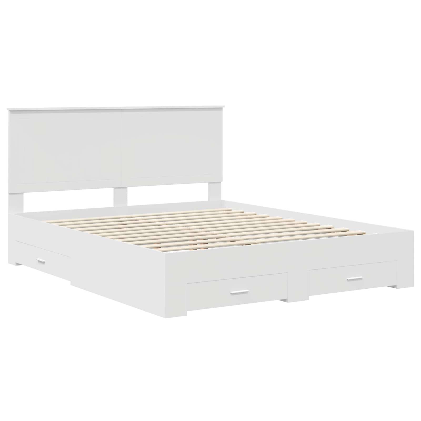 Weißer Holzbettrahmen mit Staurageschubladen darunter und einem Kopfteil. Die Bettrahmenlatten sind sichtbar. Stilvolles und funktionales Design.