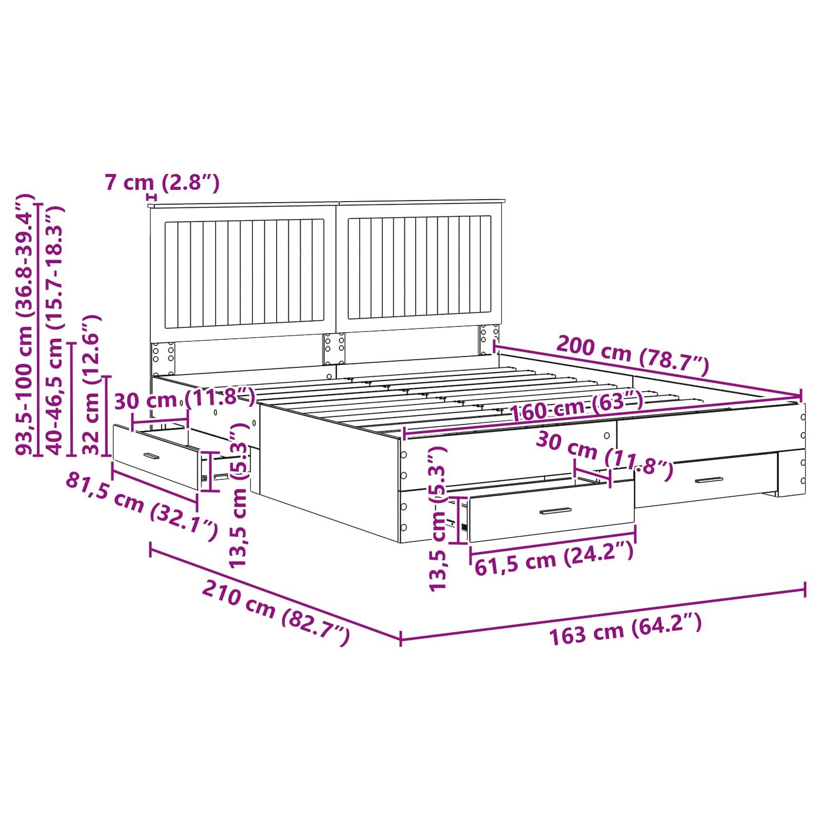Darstellung eines Bettes mit Stauraum. Maße: Höhe 93,5-100 cm, Breite 163 cm, Länge 210 cm. Merkmale umfassen Kopfteil und Schubladen.