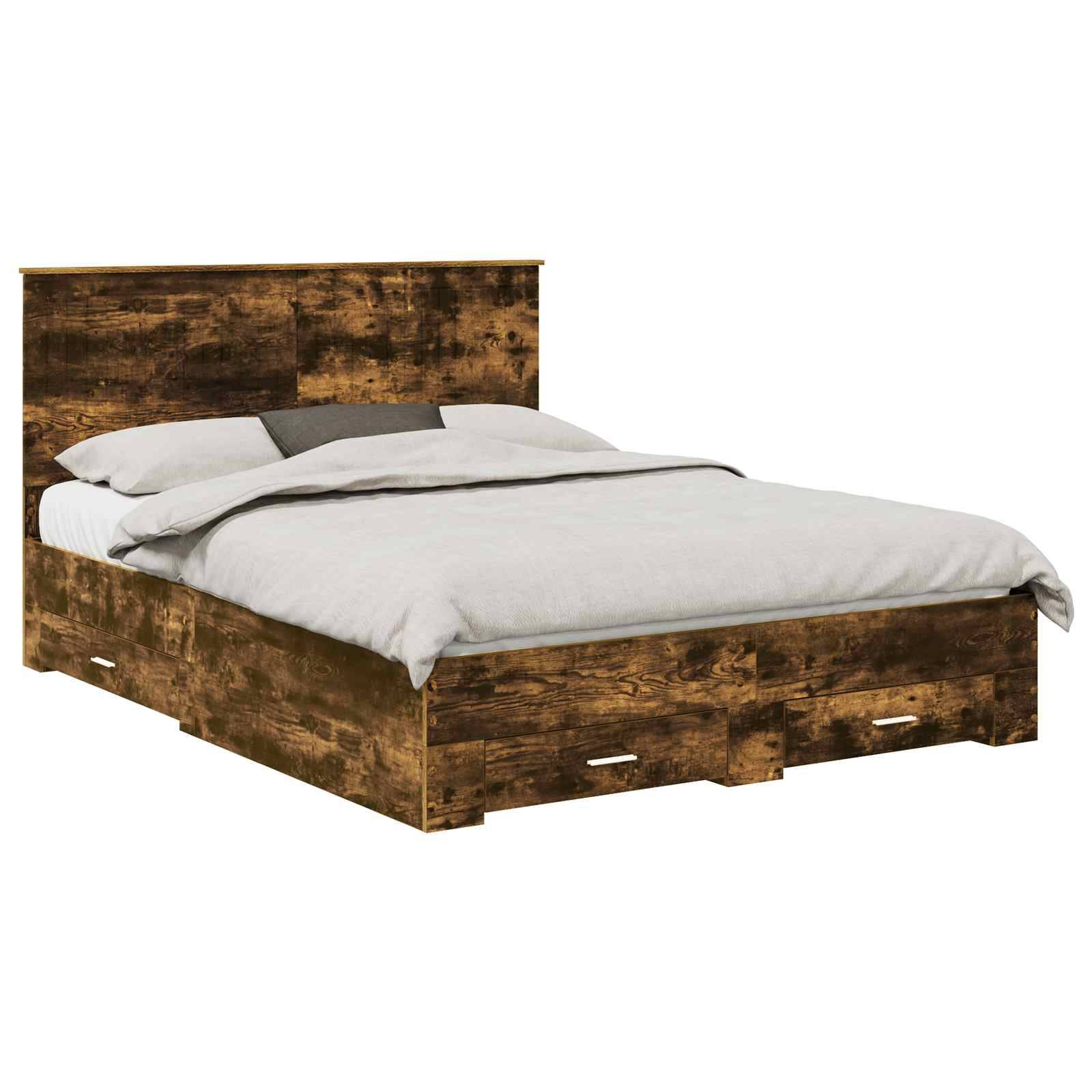Holzrahmen mit Kopfteil, zwei Speicherschubladen darunter, und ein grauer Bettwäscheset ordentlich auf dem Bett arrangiert.