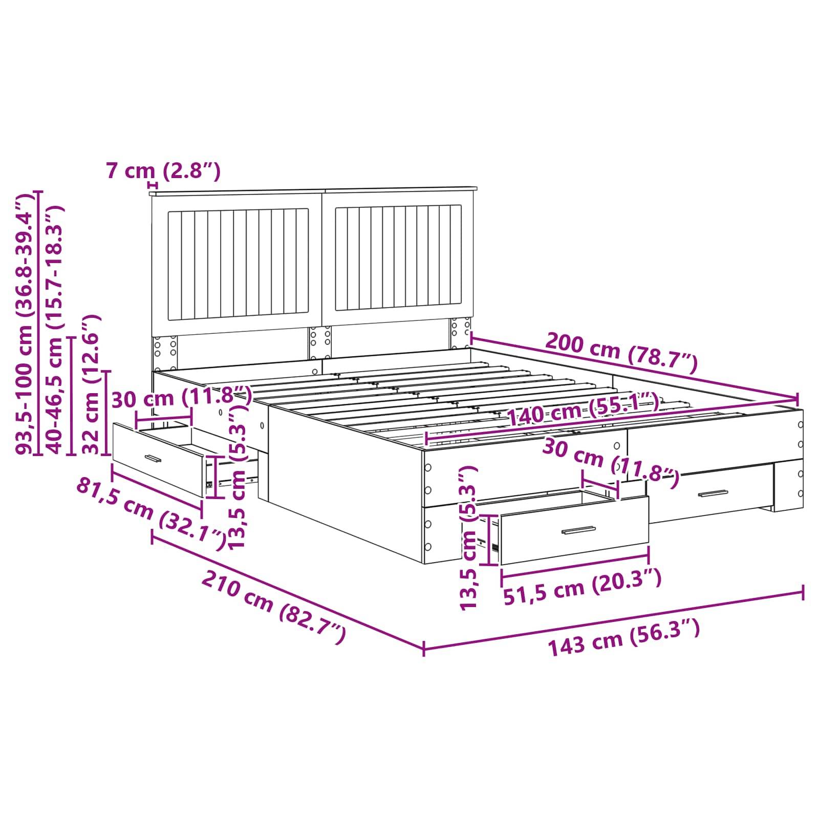 Ein Bettgestell mit mehreren Staurageschubladen wird gezeigt. Abmessungen sind gekennzeichnet: Breite 143 cm, Tiefe 210 cm, Höhe verstellbar 93,5-100 cm.
