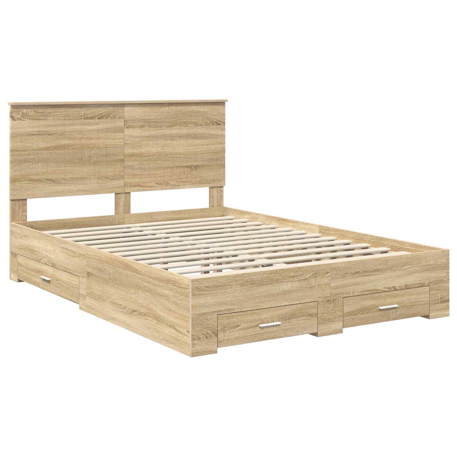 Ein Holzbettgestell mit Kopfteil und vier Staurageschubladen darunter. Das Holz hat eine natürliche Oberfläche und das Bett wird ohne Matratze gezeigt.