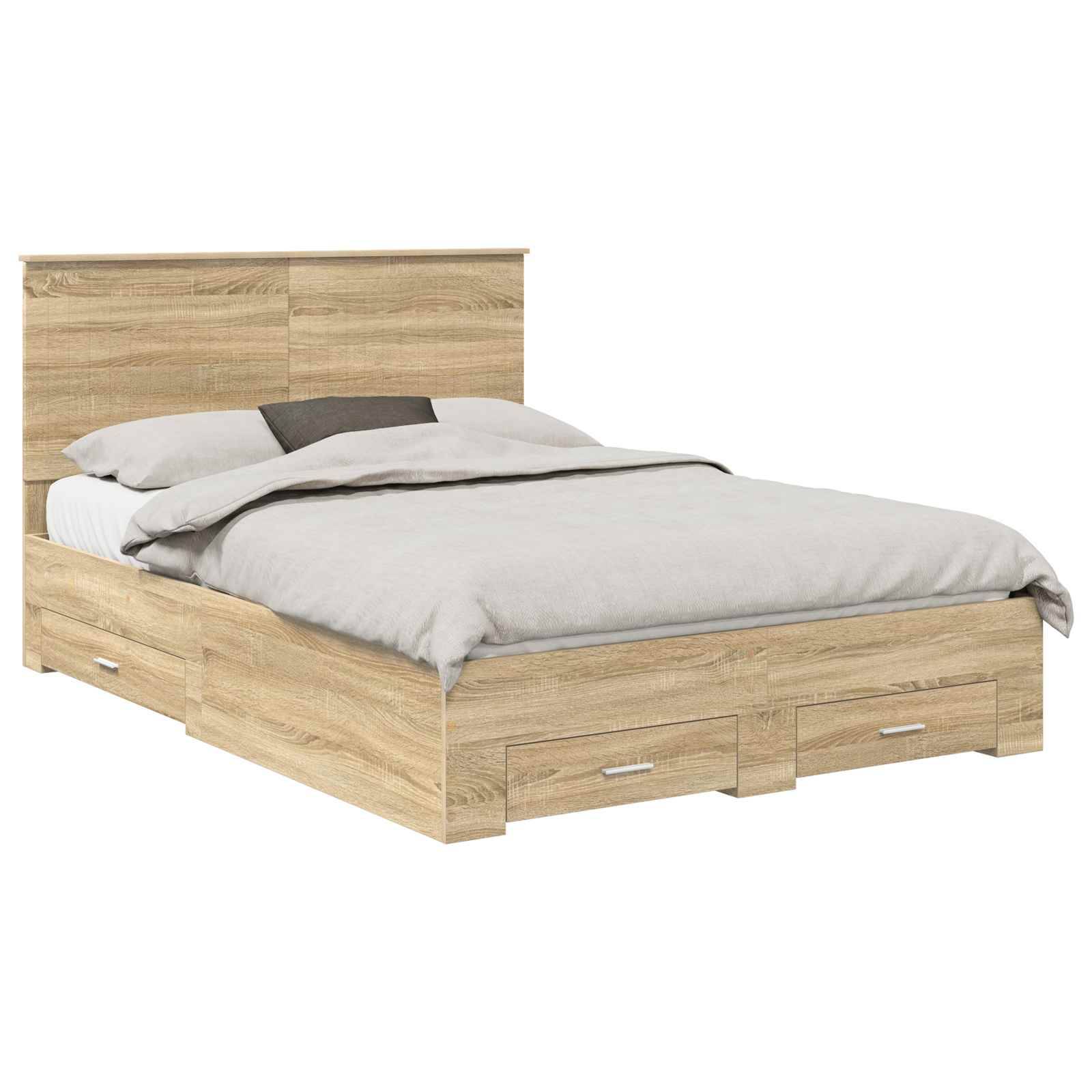 Ein Holzbett mit einem einfachen Kopfteil verfügt über Staurageschubladen darunter und ist kombiniert mit grauer Bettwäsche und einem weißen Kissen.