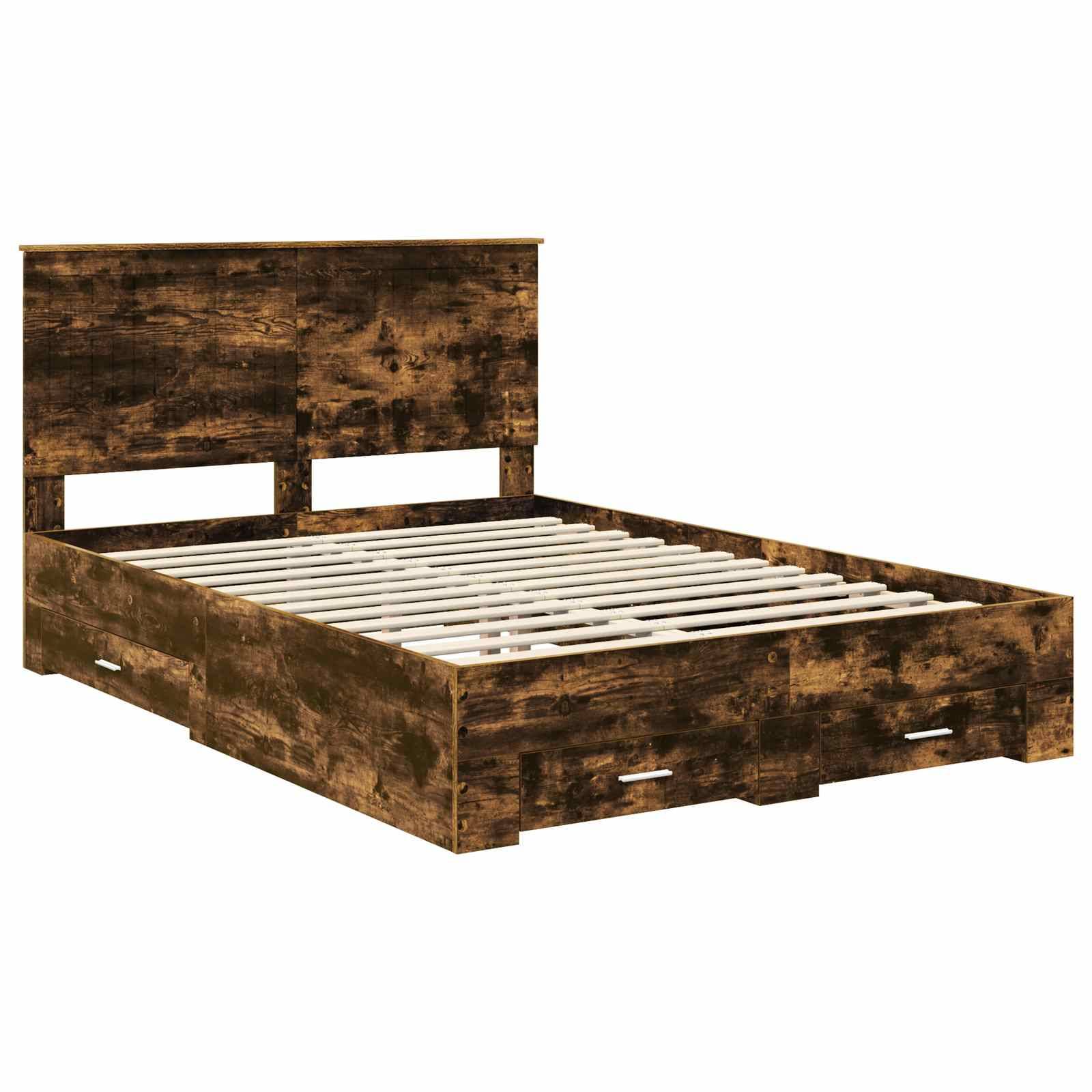 Holzbettrahmen mit sichtbarer Maserung, mit hohem Kopfteil und Lattenboden. Dunkelbraunes Finish mit Unter-Bett-Schubladen zur Aufbewahrung.