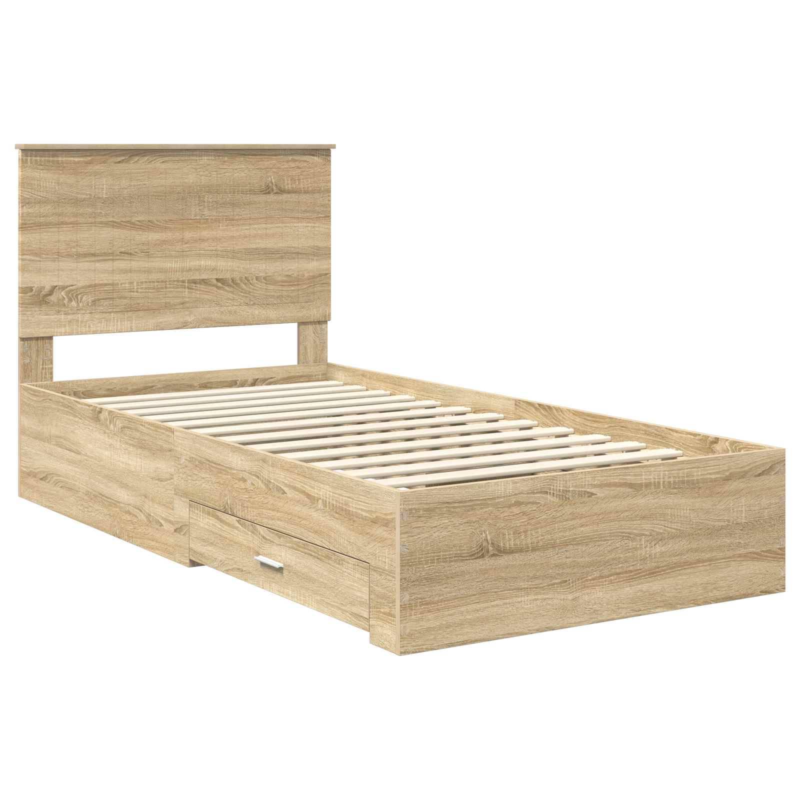 Ein Holz-Einzelbettgestell mit Lattenrost und integrierter Seitenschublade.