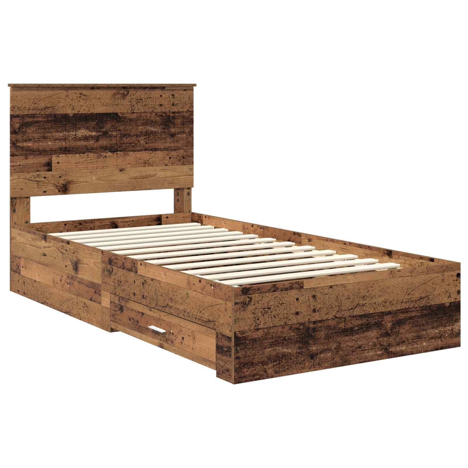 Ein Holzbettgestell mit rustikaler Oberfläche, ausgestattet mit einem hohen Kopfteil und einer Schublade zur Aufbewahrung darunter. Die Querlatten sind sichtbar.