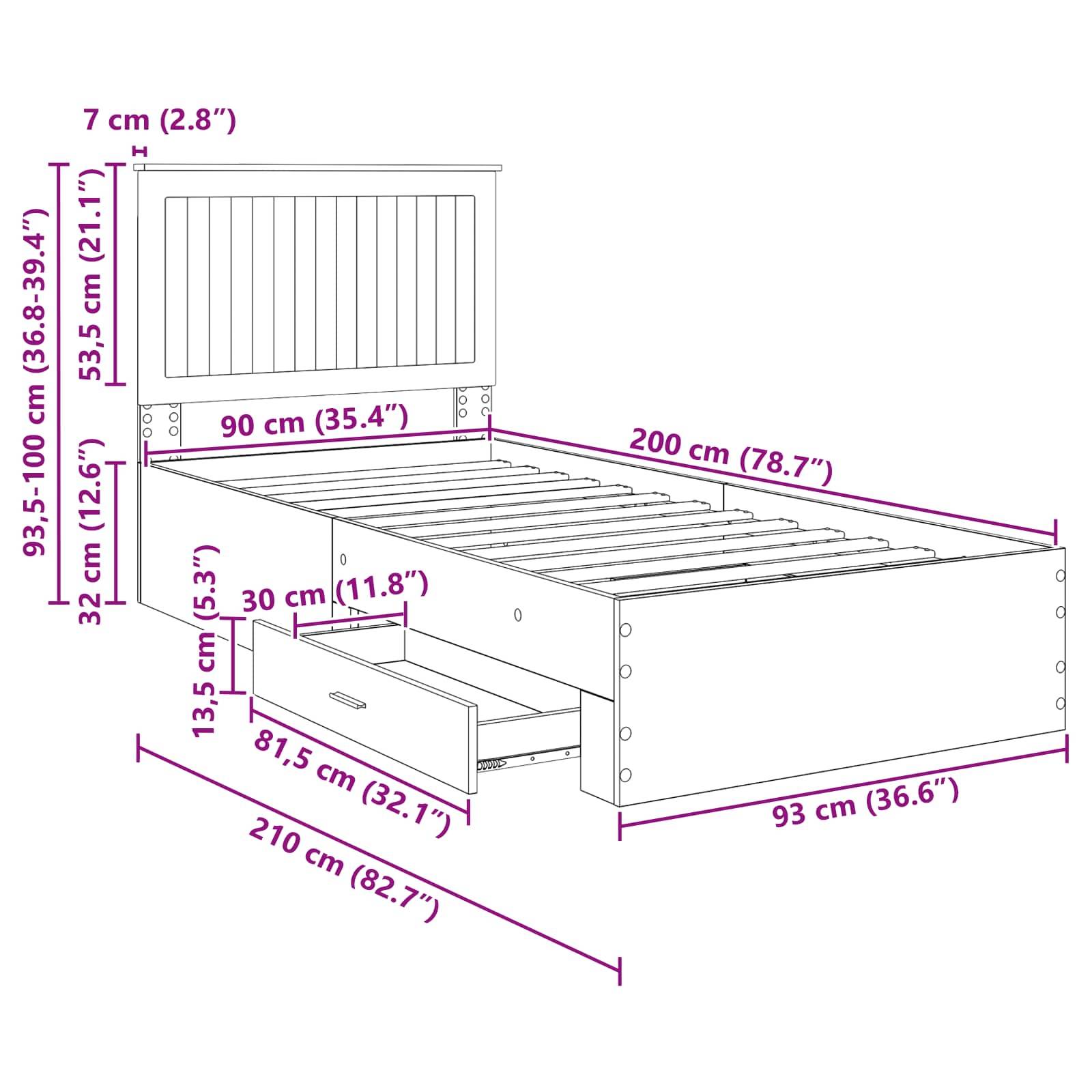 Maße und Merkmale eines Bettes: 90 cm Breite, 200 cm Länge, Kopfteilhöhe verstellbar zwischen 93,5 und 100 cm, Schubladen-Länge 81,5 cm.
