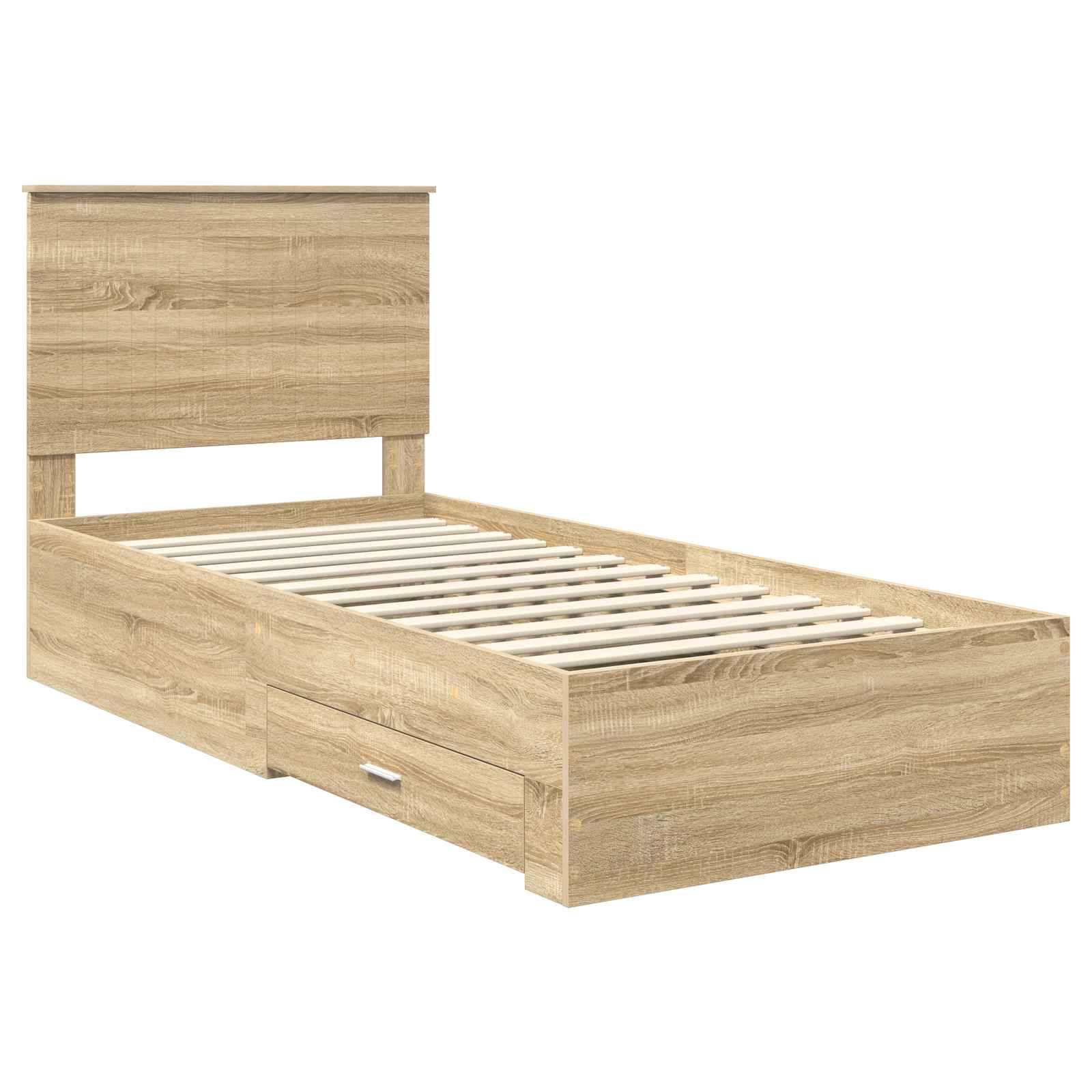 Ein Holz-Einzelbettgestell mit Lattenrost, ausgestattet mit zwei Staurageschubladen darunter. Der Kopfteil ist schlicht und passt zur Rahmenkonstruktion.