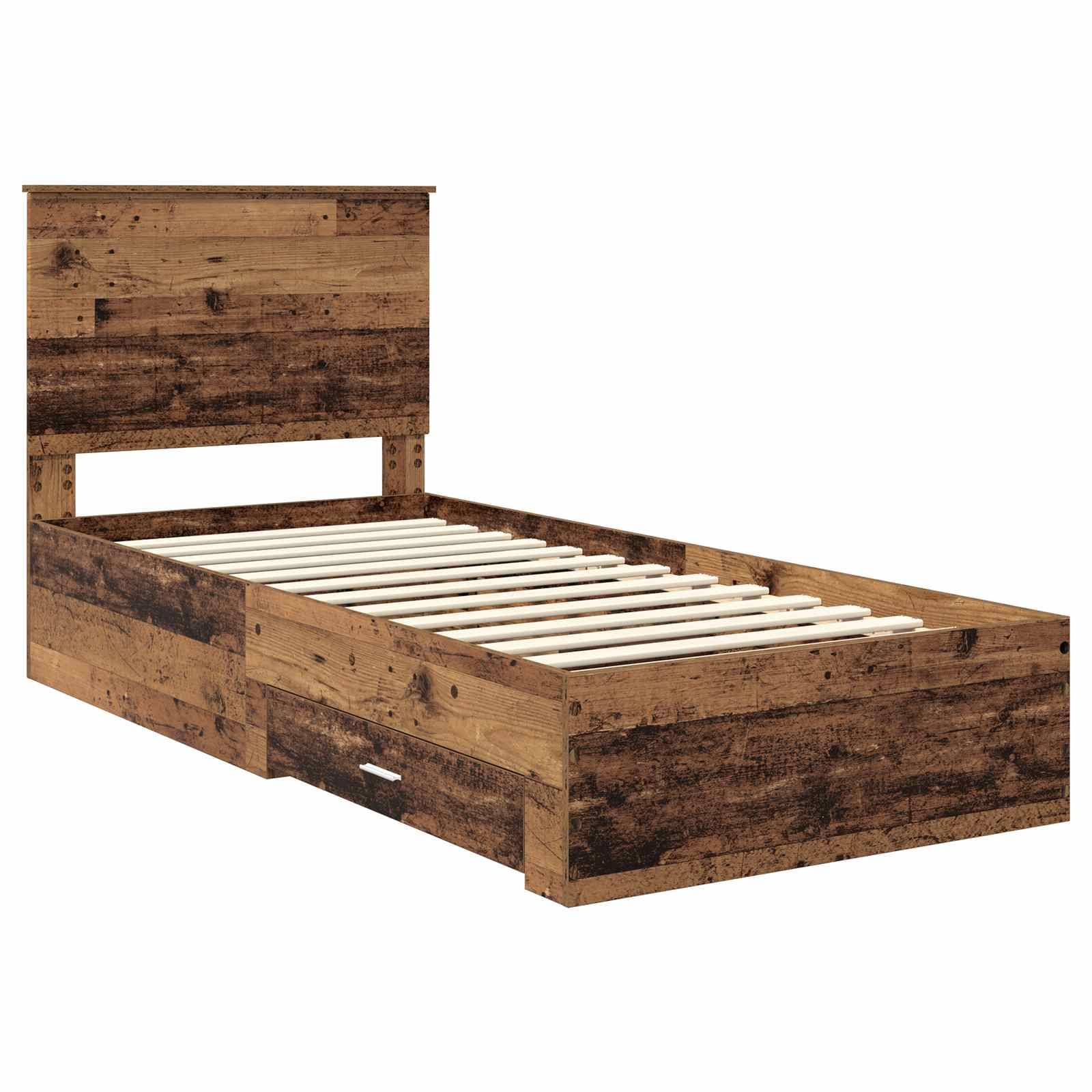 Ein Holzbettgestell mit rustikaler Oberfläche, das einen hohen Kopfteil, Staurageschubladen darunter und eine Lattenrostbasis aufweist.
