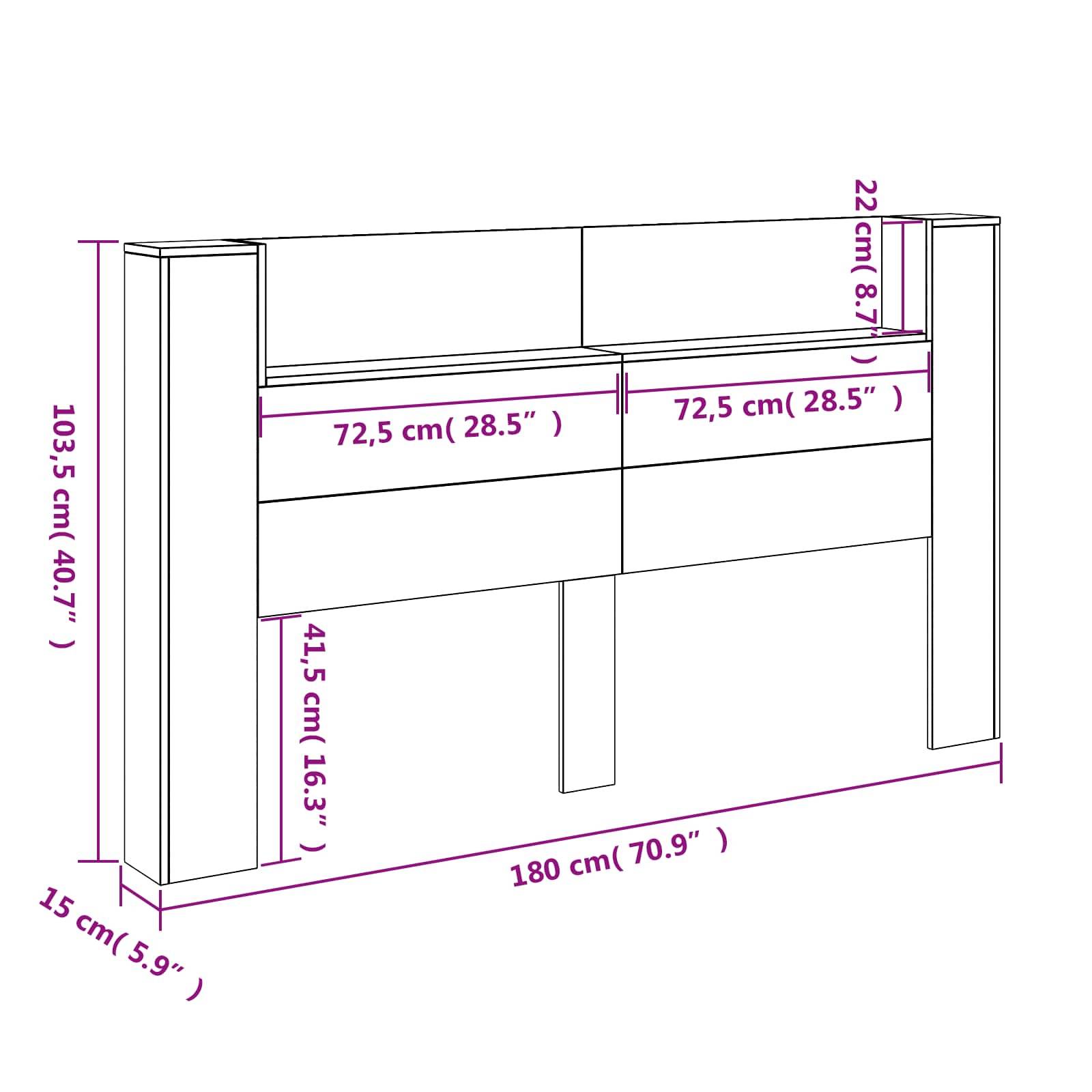 Kopfteil mit Maßen: Höhe 103,5 cm, Gesamtbreite 180 cm, Tiefe 15 cm. Zwei Stauraumbereiche: Je 72,5 cm breit, 41,5 cm hoch.